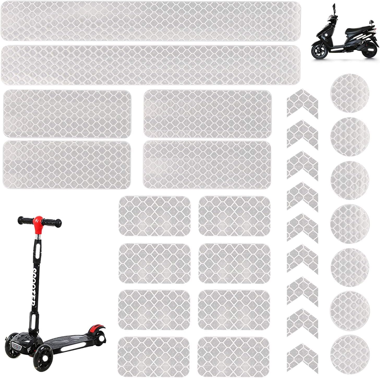 30 PCS Reflective Stickers Color Universal Adhesive Kit Decals for Motorcycle Helmets Hard Hat Bicycle Stroller Wheelchair Buggy Scooter Toys Car Bumper Vinyl Window Night Visibility Safety (White)