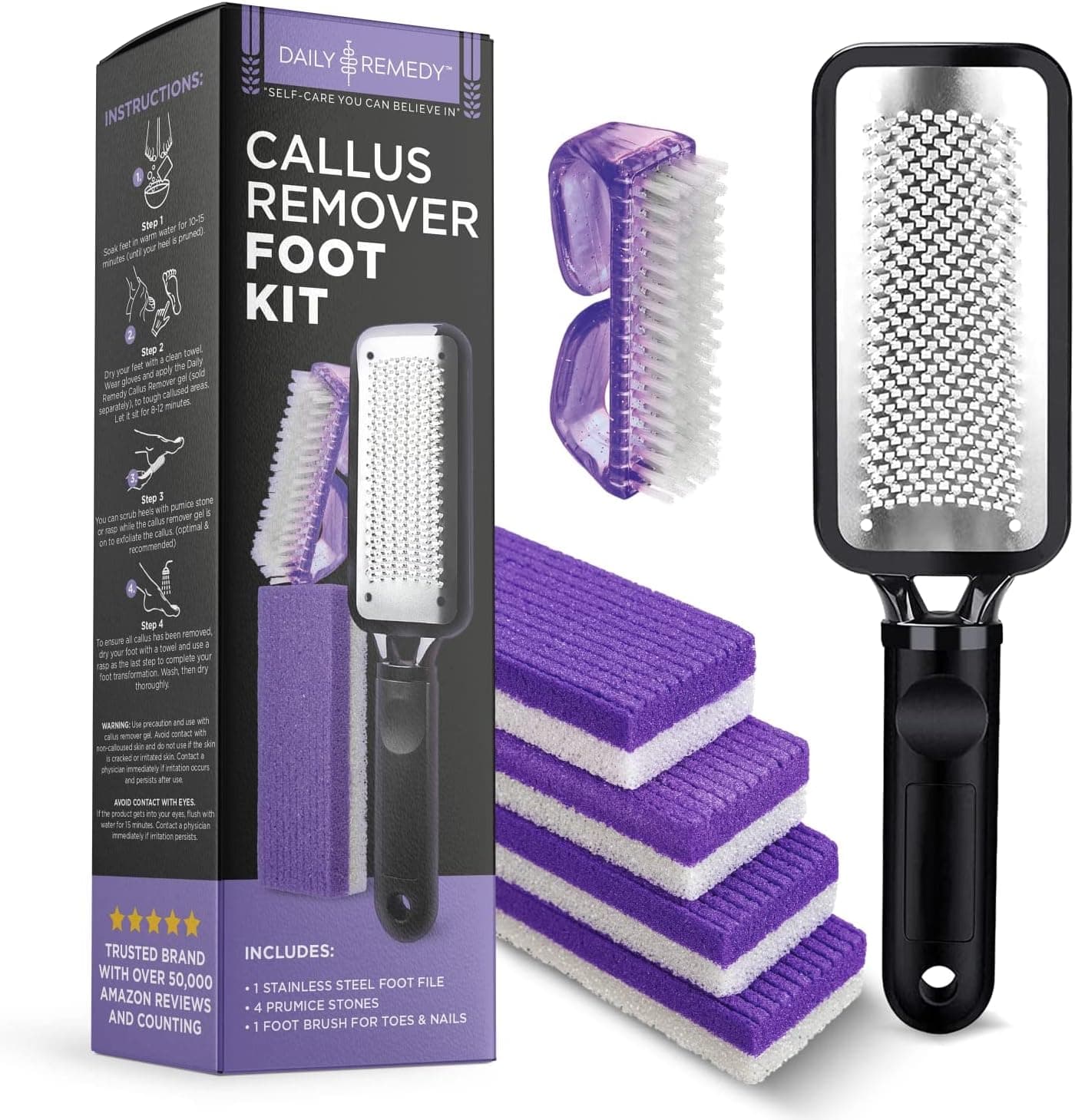DAILY REMEDY Foot Callus Remover Set - Includes 1 Stainless rasp Foot File, 4 Premium Pumice Stone and 1 Nail Brush, Best Foot Care Pedicure Tools to Remove Hard Dry Skin (Purple)