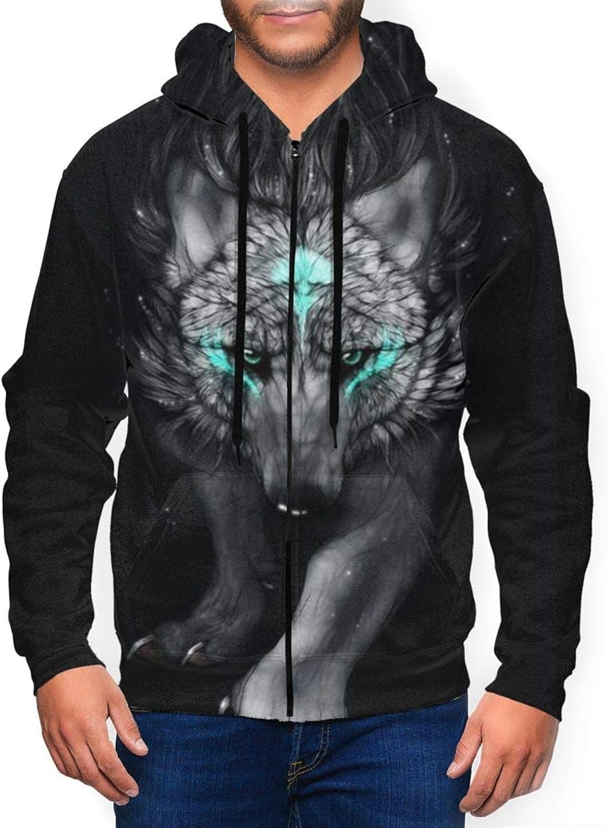 Men's Hooded Ferocious Wolf Long Sleeve Zip Zipper Sweatshirts Hoodies Sweaters Jacket Pocket