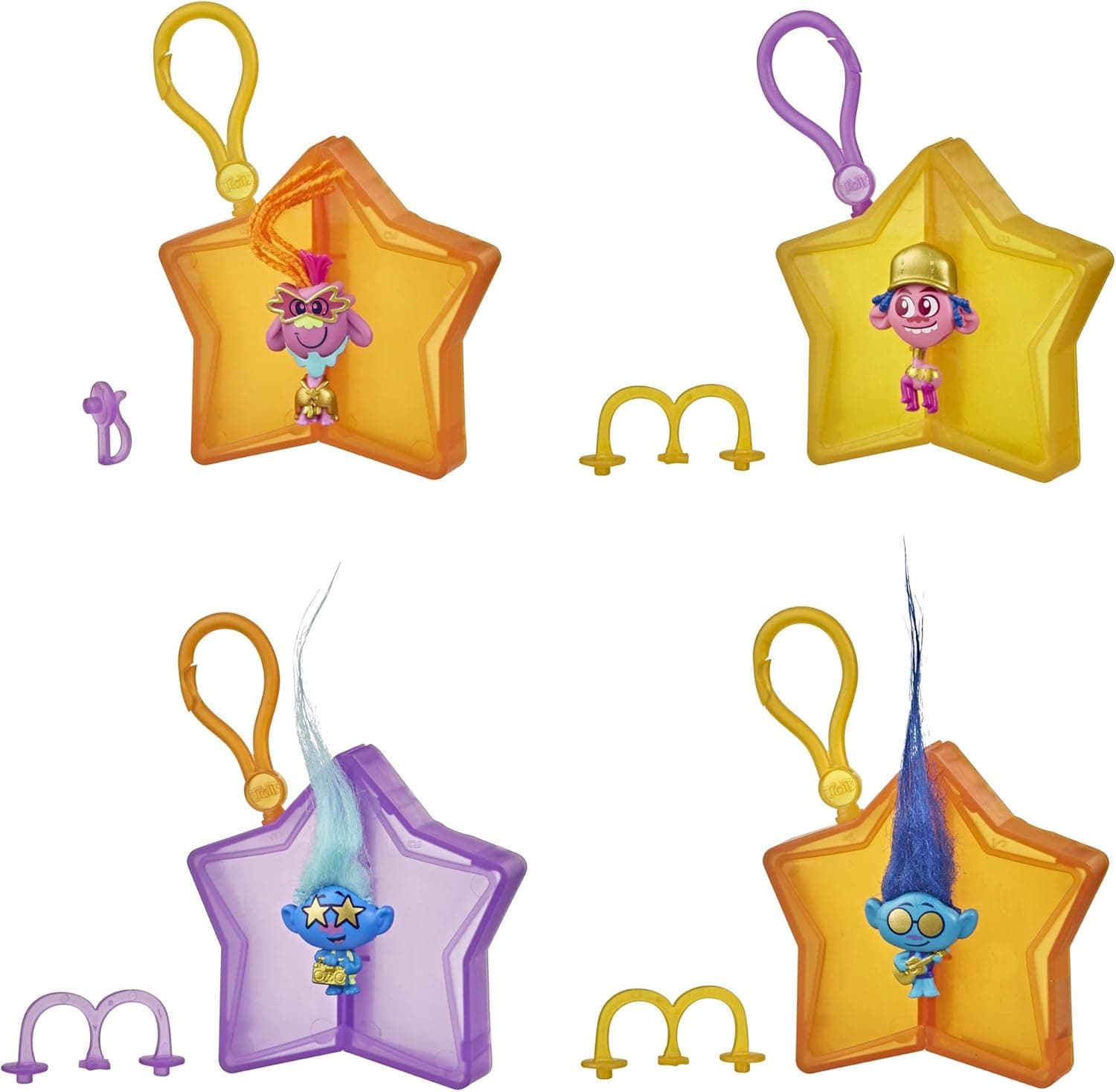 Trolls DreamWorks World Tour Tiny Dancers Surprise 4-Pack Series 4, Tiny Dancers Dolls, Clips, Rings, and Glasses, Toy for Kids 4 and Up