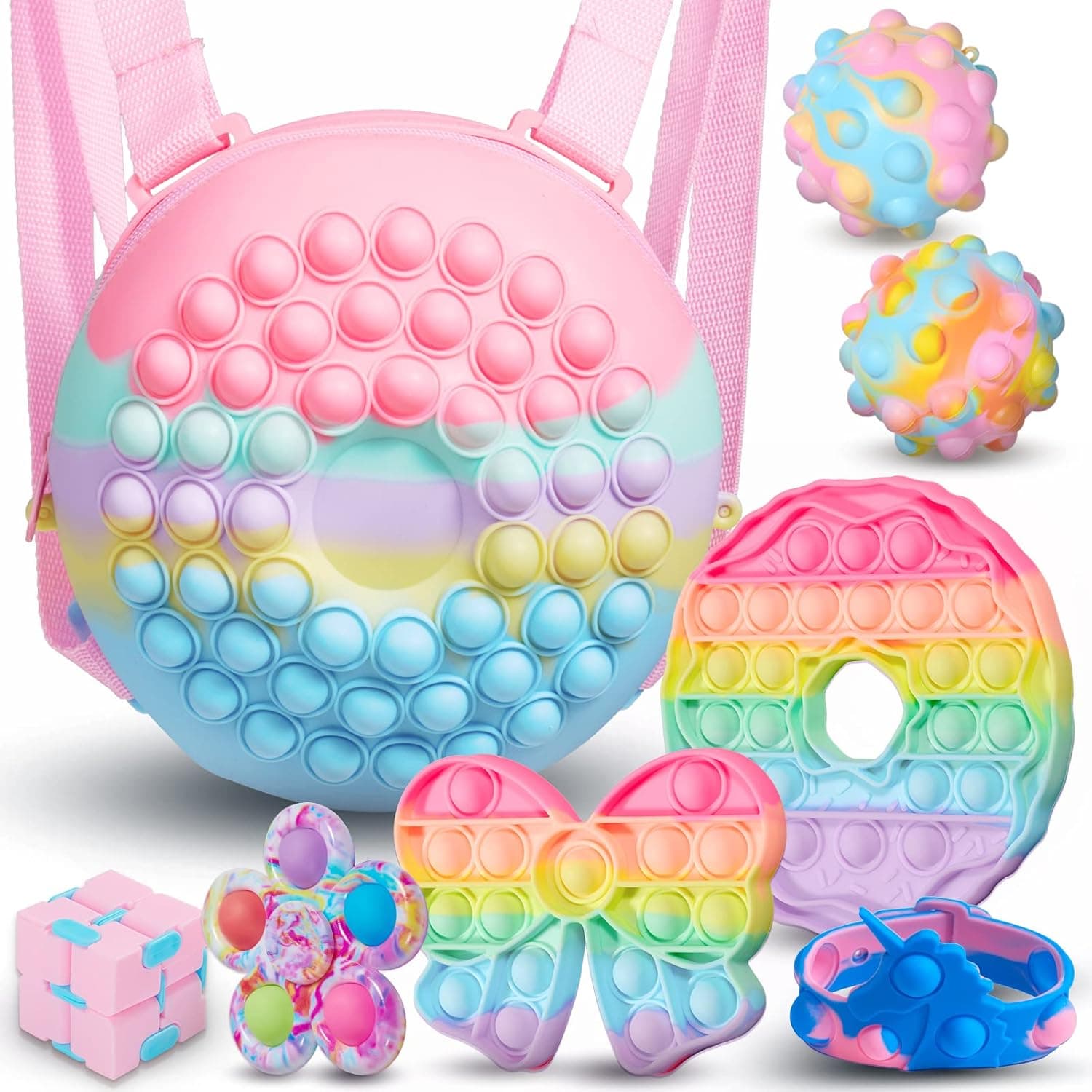 CSVICTORY Pop Backpack for Girls with Bubble Fidget Toy, Big Fidget Toy Pack Set with Pop Purse for Girls, Popper Fidget School Toys for Party Favors, Classroom Prizes, Birthday Gift (8 PCS)