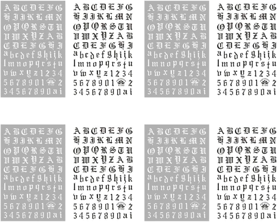 Minkissy 4 Sets Letters and Number Nail Stickers Tip Nail Art Adhesive Decals Nail Wrap Manicure Old English Alphabet Stripe (Black and White in 1 Set)