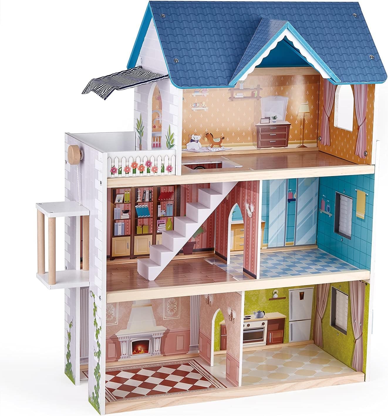 Little Room Pretend Play 3 Story Wooden Doll House w/Light, Doorbell, & Bedroom, Bathroom, Living Room, & Dining Furniture for Kids Age 3 and Up