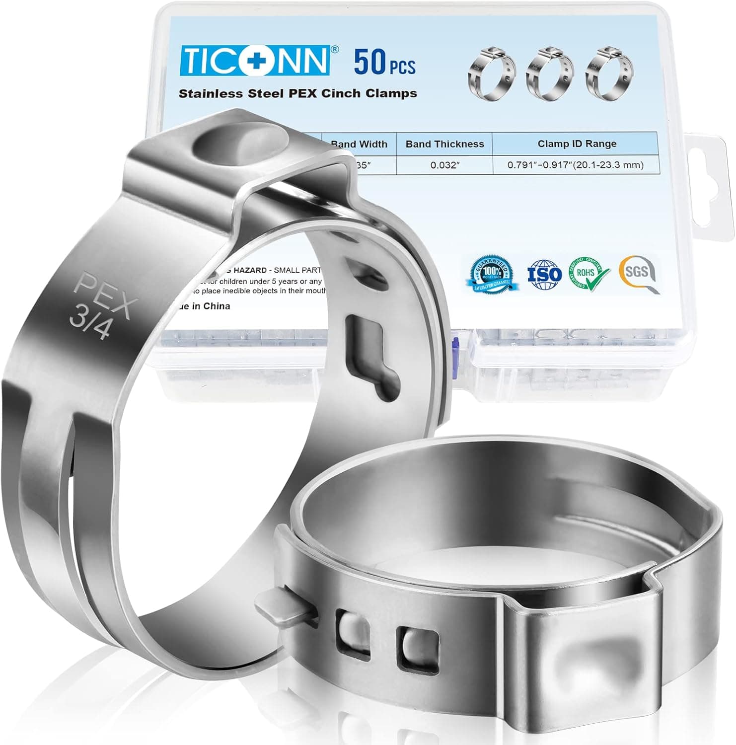 TICONN 50PCS 3/4" PEX Clinch Clamps, 304 Stainless Steel PEX Clamp Rings for PEX Pipe Tubing Connection (3/4")