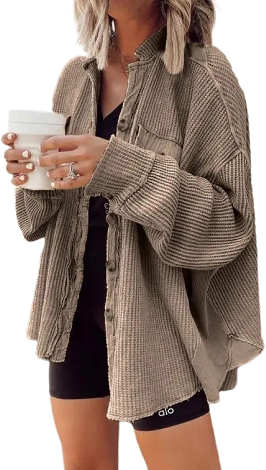 CHARTOU Women's Vintage Banded Collar Button Down Baggy Loose Fit Mid-Weight Frayed Waffle Knit Shacket Shirt Tops