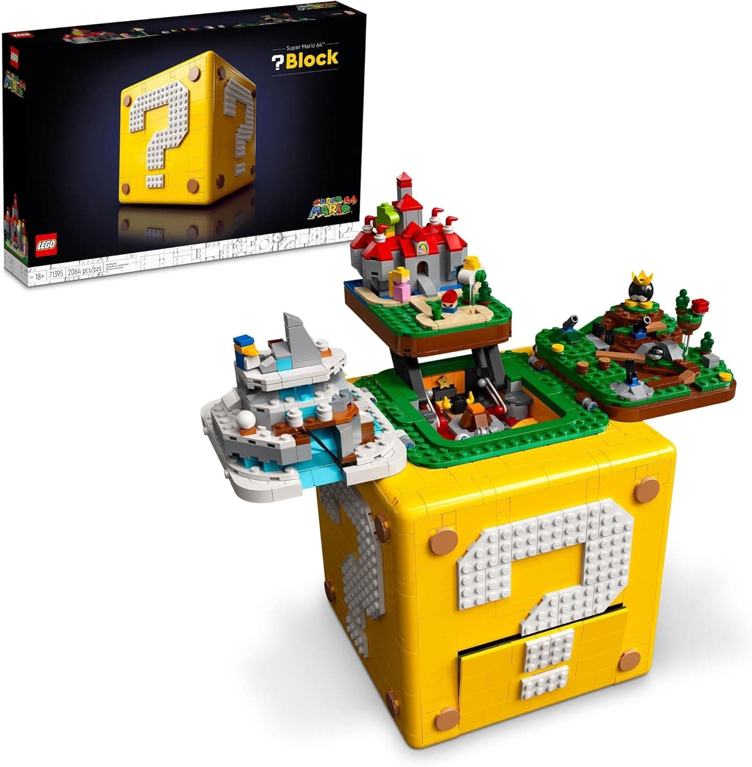 LEGO Super Mario 64 Question Mark Block 71395, 3D Model Set for Adults with Microscale Levels and Princess Peach & Yoshi Micro Figures