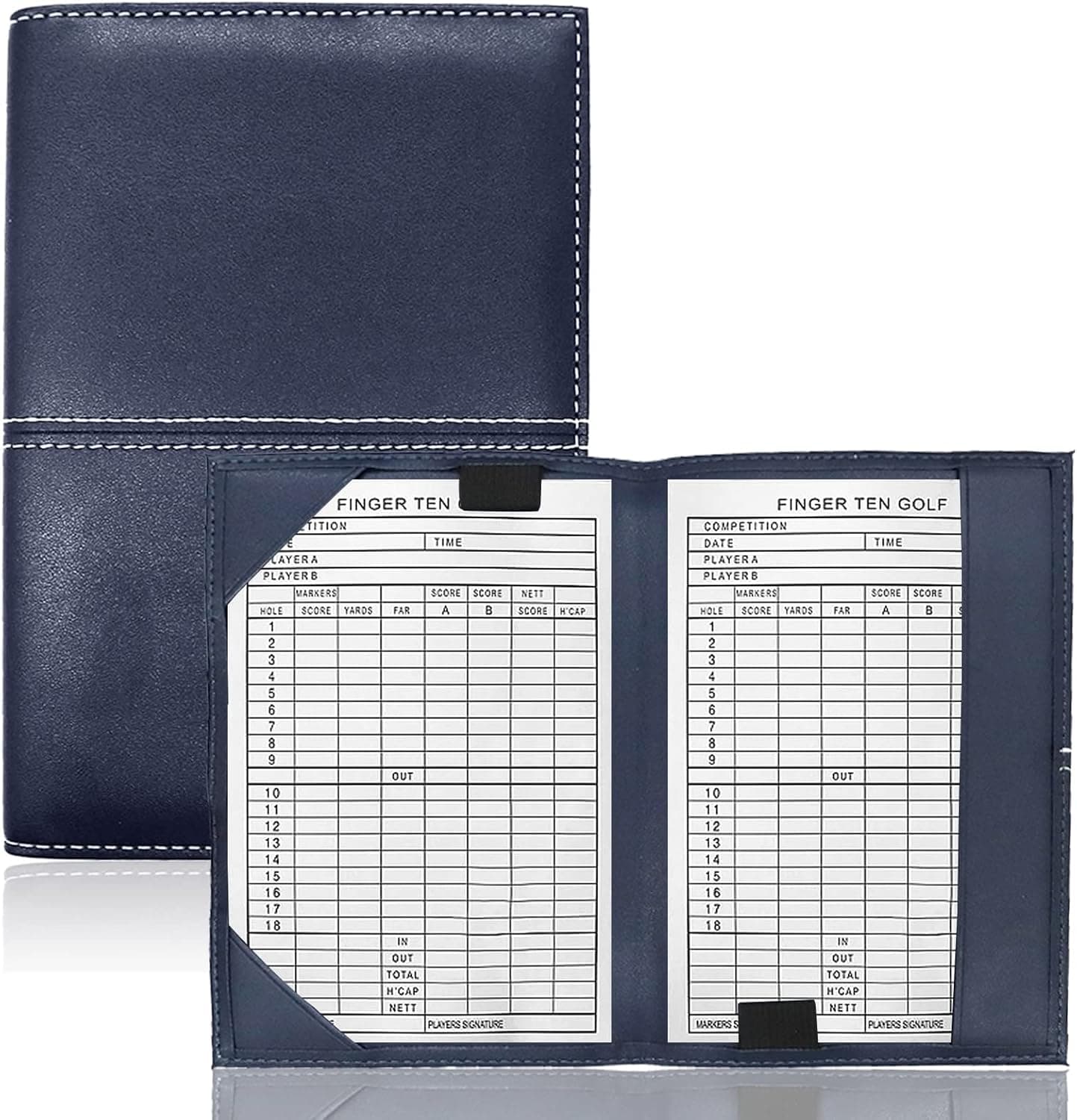 FINGER TEN Golf Scorecard Holder Leather Yardage Book Cover Deluxe Color Black Blue Brown Gift Pack