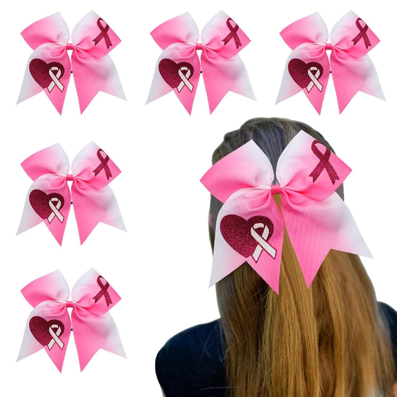 7" Large Breast Cancer Awareness Cheer Bows Ponytail Pink Hair Bows For Girl Cheerleader Hair Elastic Band for Women Set of 5