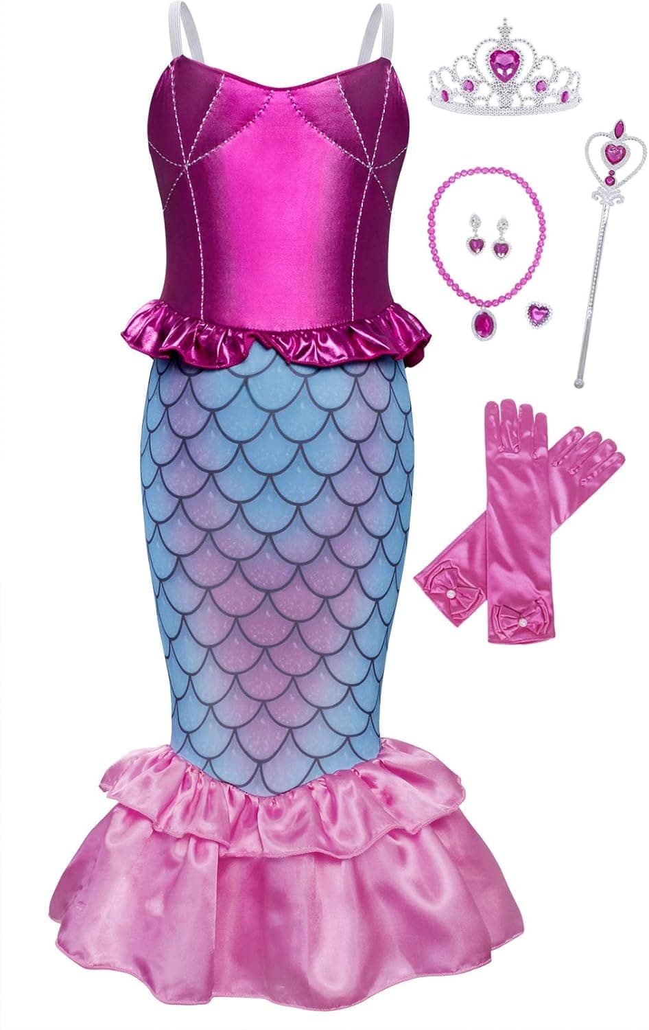 HenzWorld Mermaid Princess Costume Dress up Outfit Birthday Party Spaghetti Strap Fish Skirt Accessories Jewelry Pink