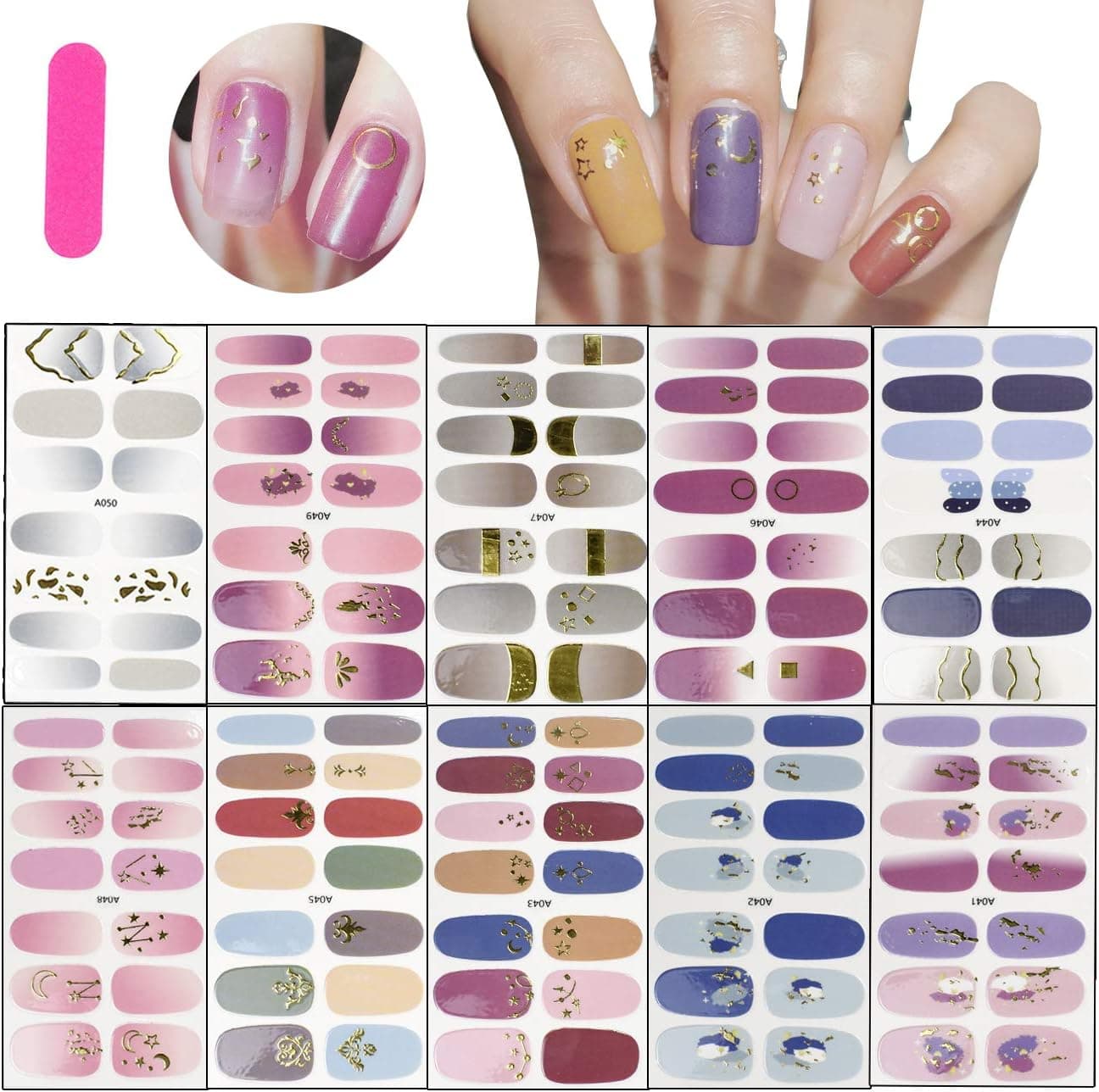 10 Sheets Full Cover Nail Wraps Self Adhesive Full Nail Wraps for Women Kids Moon Star Metal Element Nail Art Stickers for Acrylic Nails Mixed Color Nail Art Wraps for Acrylic Nails