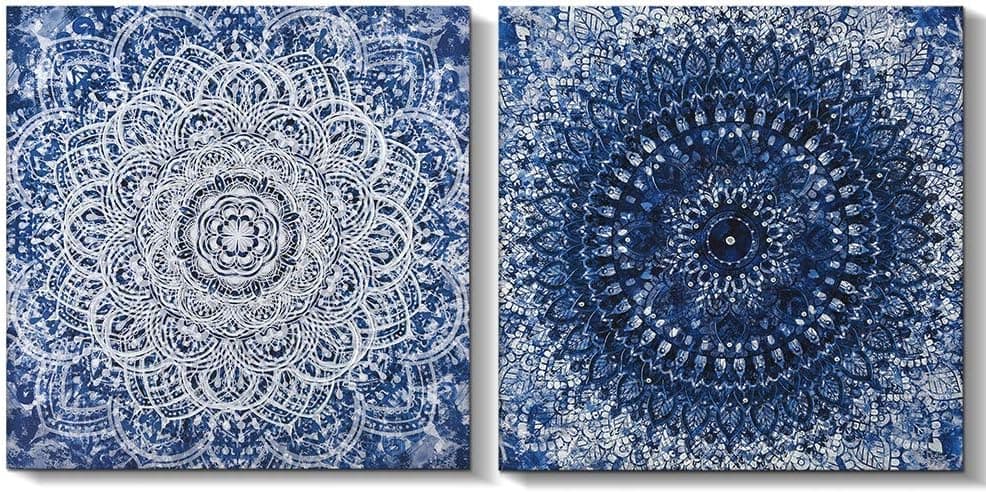 Blue Abstract Boho Canvas Wall Art Decor for Living Room Bedroom Yoga Room Stretched and Framed (24x24, Set)