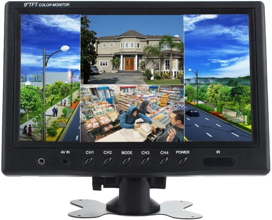 podofo 9" TFT LCD Split Screen Quad Monitor CCTV Security Surveillance Car Headrest Video Display, 4 RCA Connectors 6 Mode Display, Remote Control