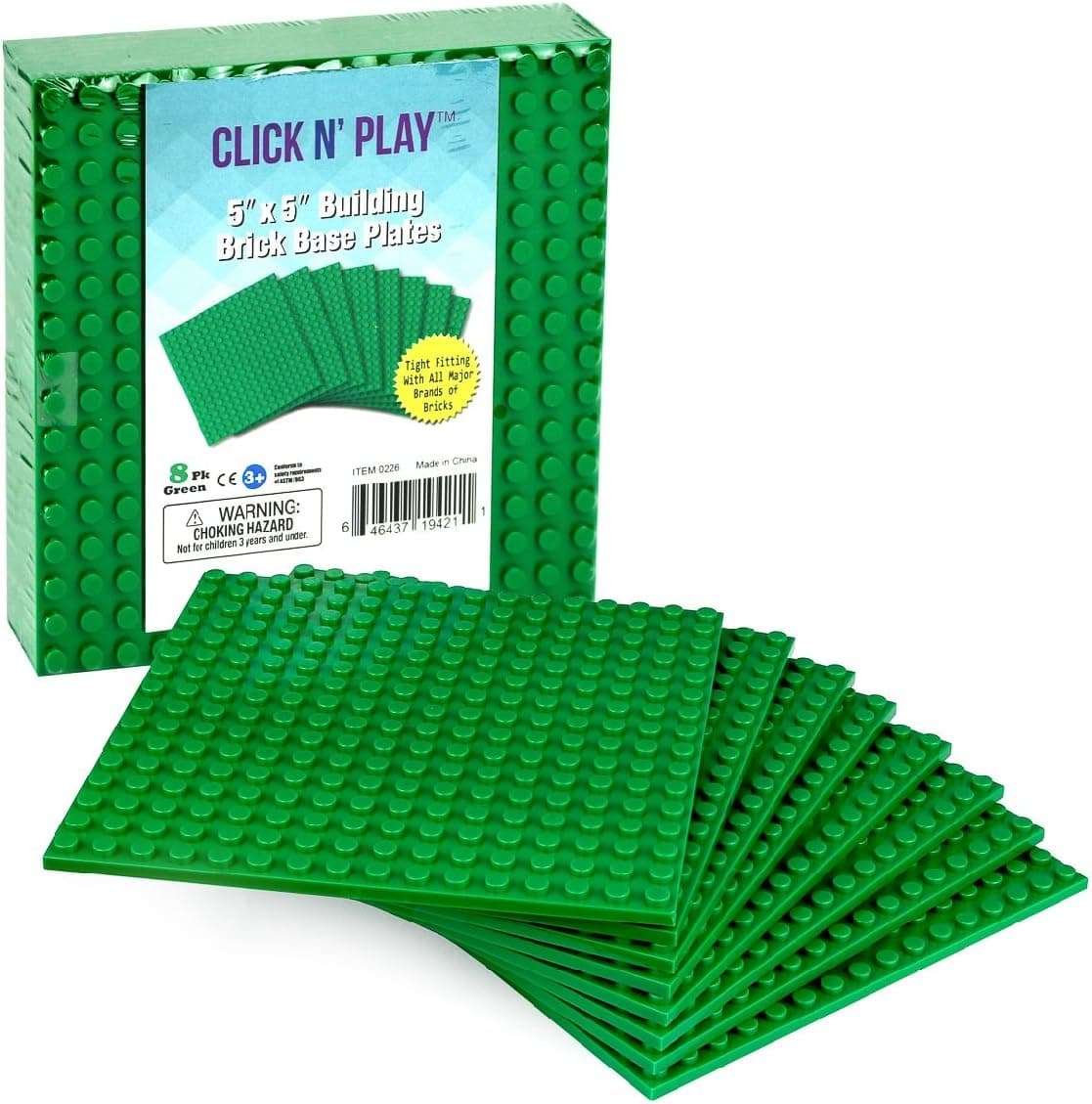 Click n' Play Green Building Brick Base Plates - 5"x 5" (Pack of 8) Tight Fit - Lego Compatible