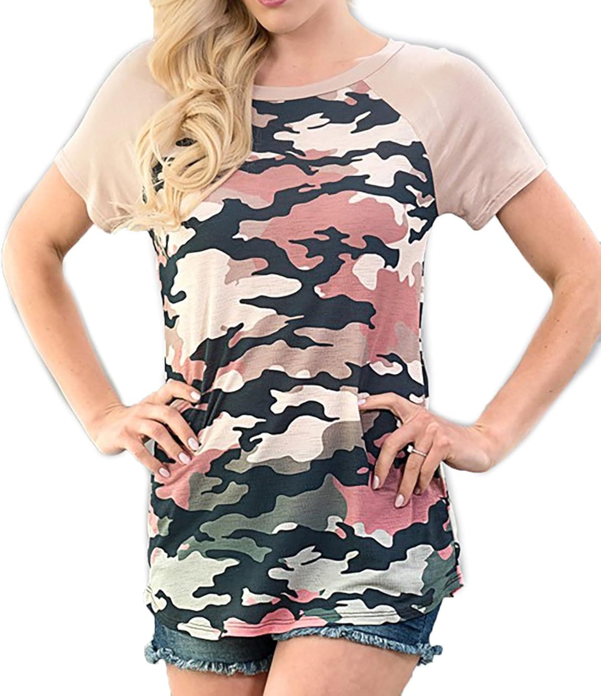 SHOPGLAMLA Camouflage Print Body Raglan Solid Short Sleeve Casua Top Blouse Taupe S