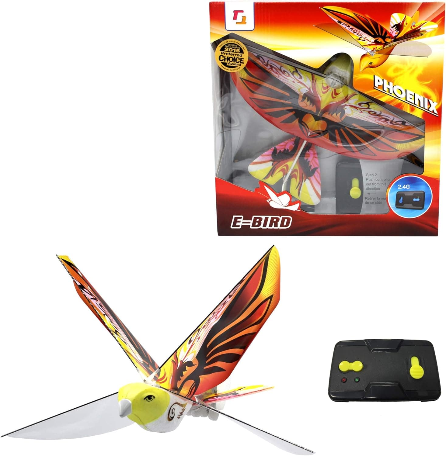 MUKIKIM eBird Orange Phoenix - Flying RC Bird Drone Toy for Kids. Indoor / Outdoor Remote Control Bionic Flapping Wings Bird Helicopter. USB Recharging.