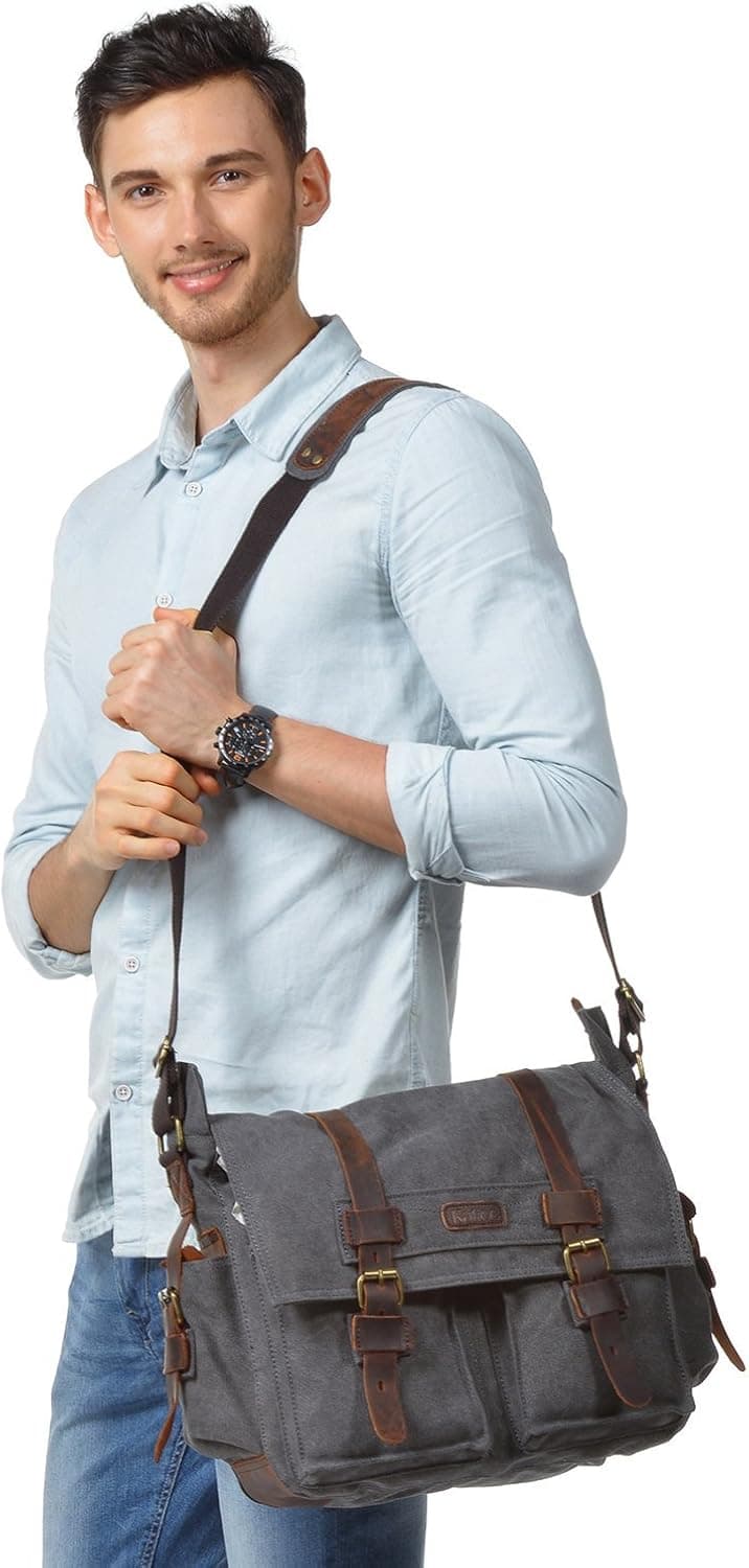 Kattee British Style Retro Unisex Canvas Leather Messenger Shoulder Bag Fits 14.7" Laptop (Blue)