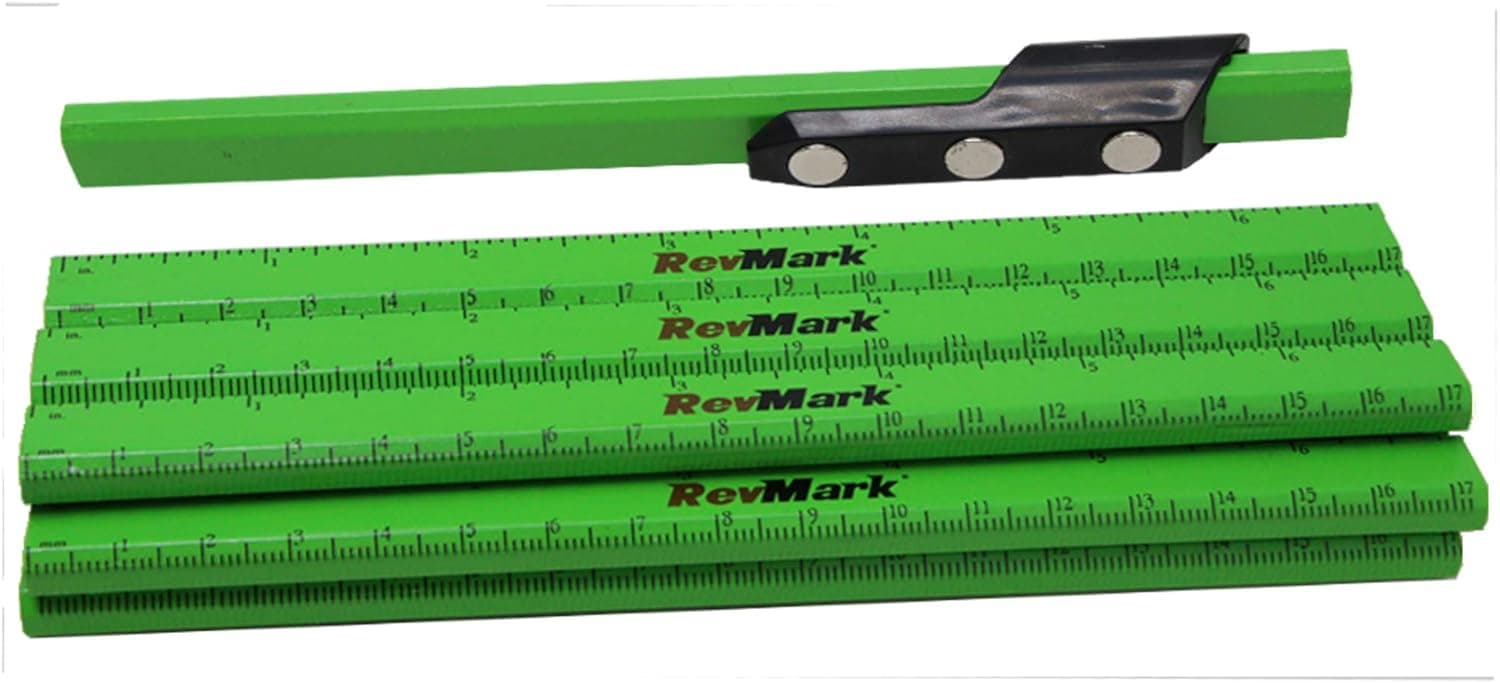 RevMark Magnetic Carpenter Pencil Holder with 12 Black Lead Cedar Pencils with Ruler Imprint, Made in the USA, Great for Toolboxes, Toolbench, Metal Surfaces. (Neon Green)
