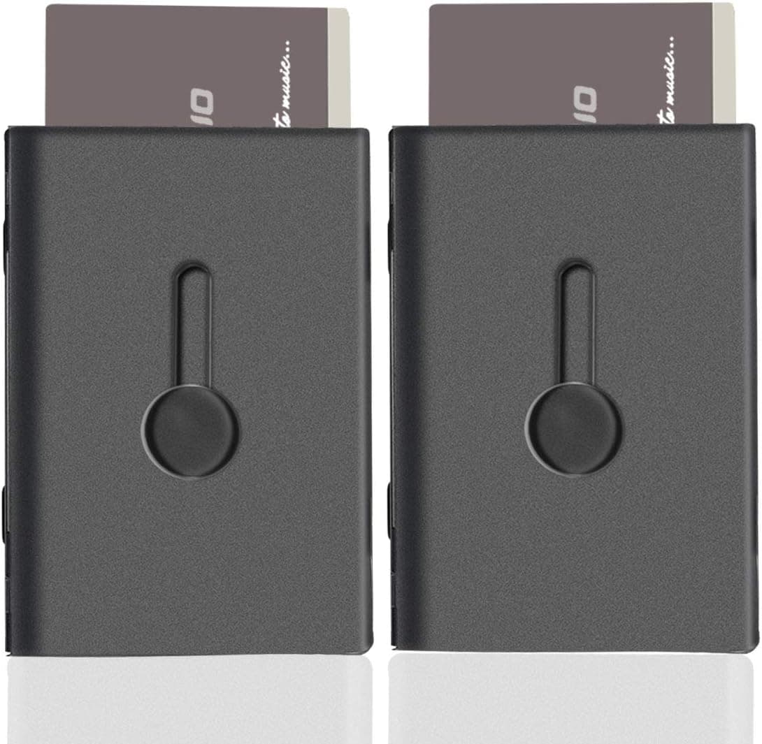 2 Pack Black Business Card Holder, Thumb-Drive Business Card Case Stainless Steel Slide Out Business Card Holders Excellent Design for Men and Women