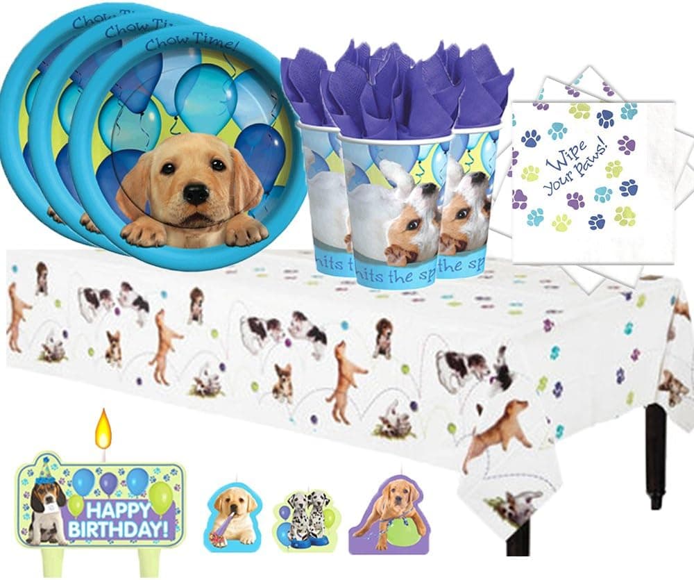 Puppy Dog Birthday Party Pack for 16 with Plates, Napkins, Cups, Tablecover, and Candles!