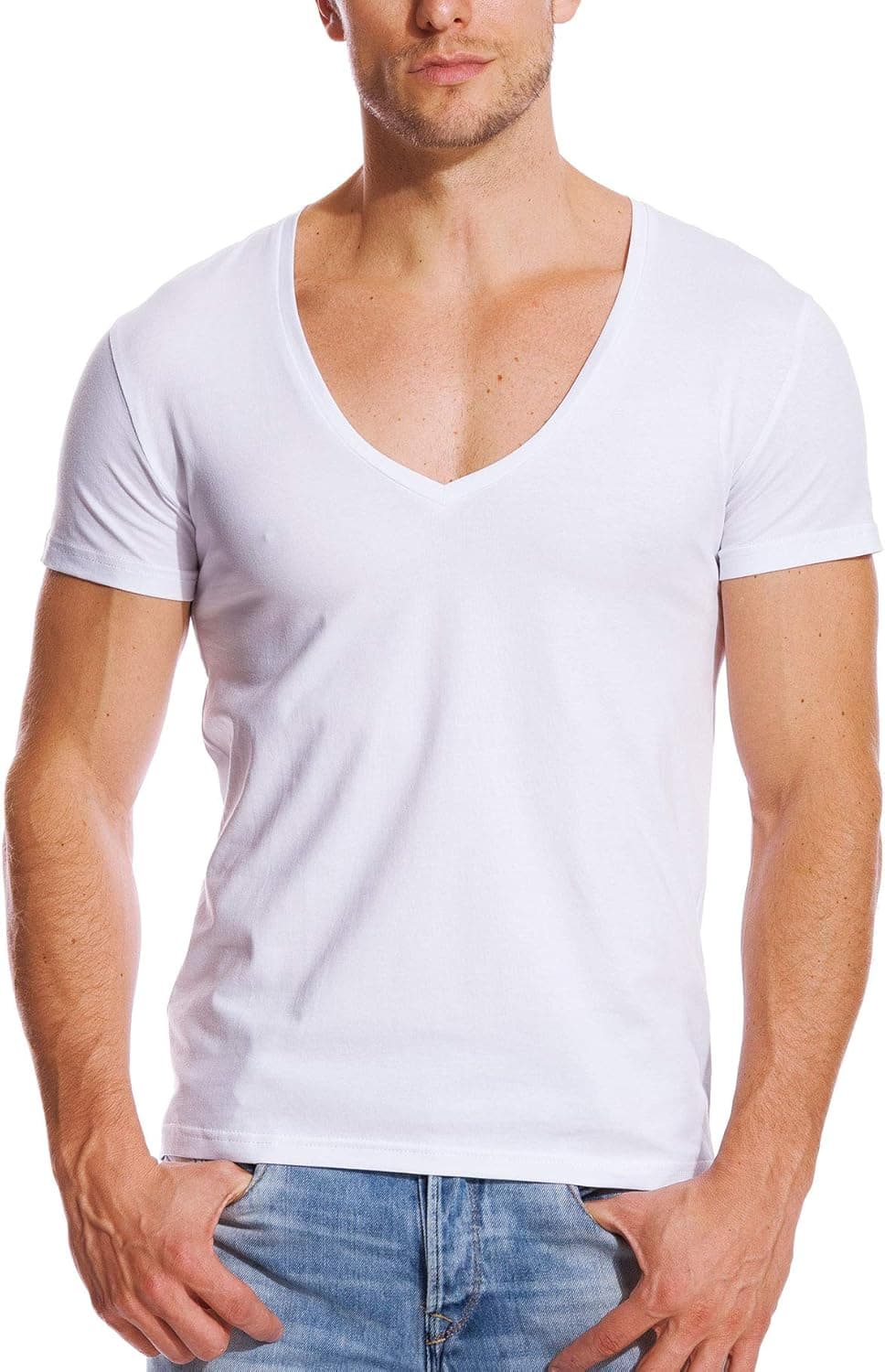 Deep V Neck Shirts Men V Cut Tee Short Sleeve Stretch T Shirt Vee Top