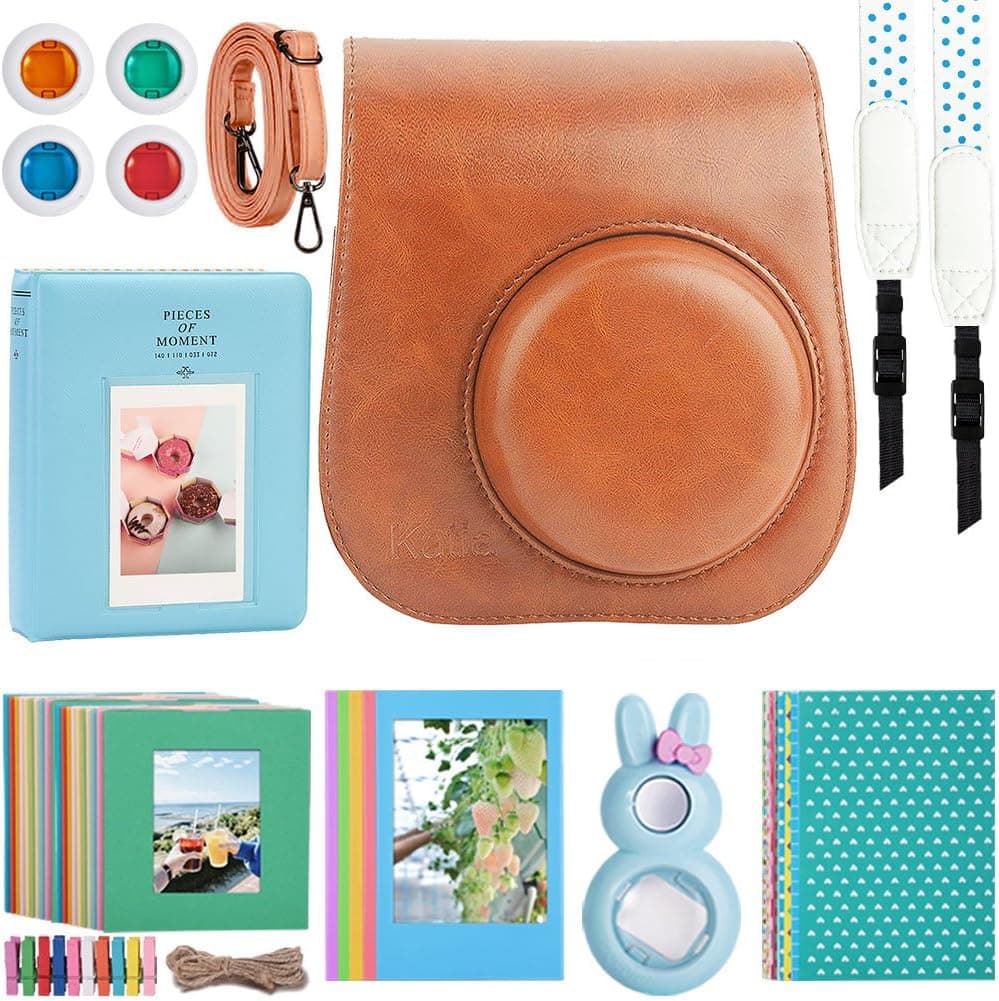Kaita Instant Camera Accessories Bundle for Fujifilm Instax Mini 9/8 Instant Film Camera. with Protective Case/Strap/Photo Album/Frame/Selfie Len/Filters/Stickes - Brown