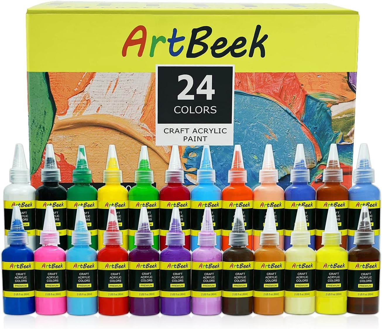 ArtBeek Acrylic Paint Acrylic 24 Vivid Colors (60ml, 2oz.) Paint Set Art Craft Paint Rich Pigments for Canvas, Wood, Fabric, Leather, Cardboard, Paper and Crafts for Artist, Hobby Painters & Kids