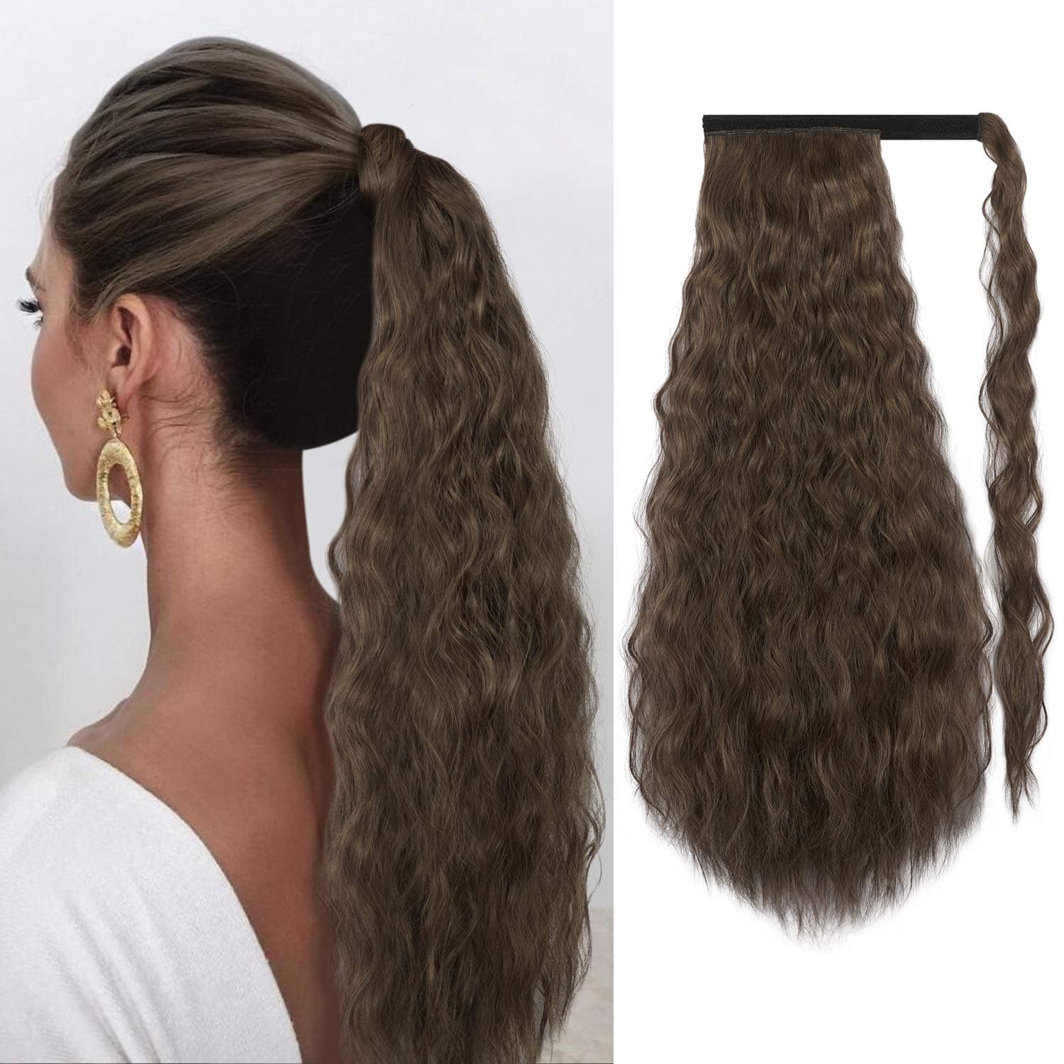 SOFEIYAN Long Ponytail Extension 22 Inch Wavy Curly Hair Fluffy Pony Tail Around Synthetic Black Hairpieces for Women Party Daily Use, Darkest Brown & Light Auburn Mixed