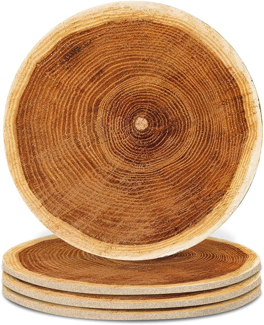 Cork Coasters for Drinks Absorbent Drink Coasters Set of 4 Wood Slcie Pattern Coasters with Wood Matreial and Cork Base for Wooden Table Kitchen Bar
