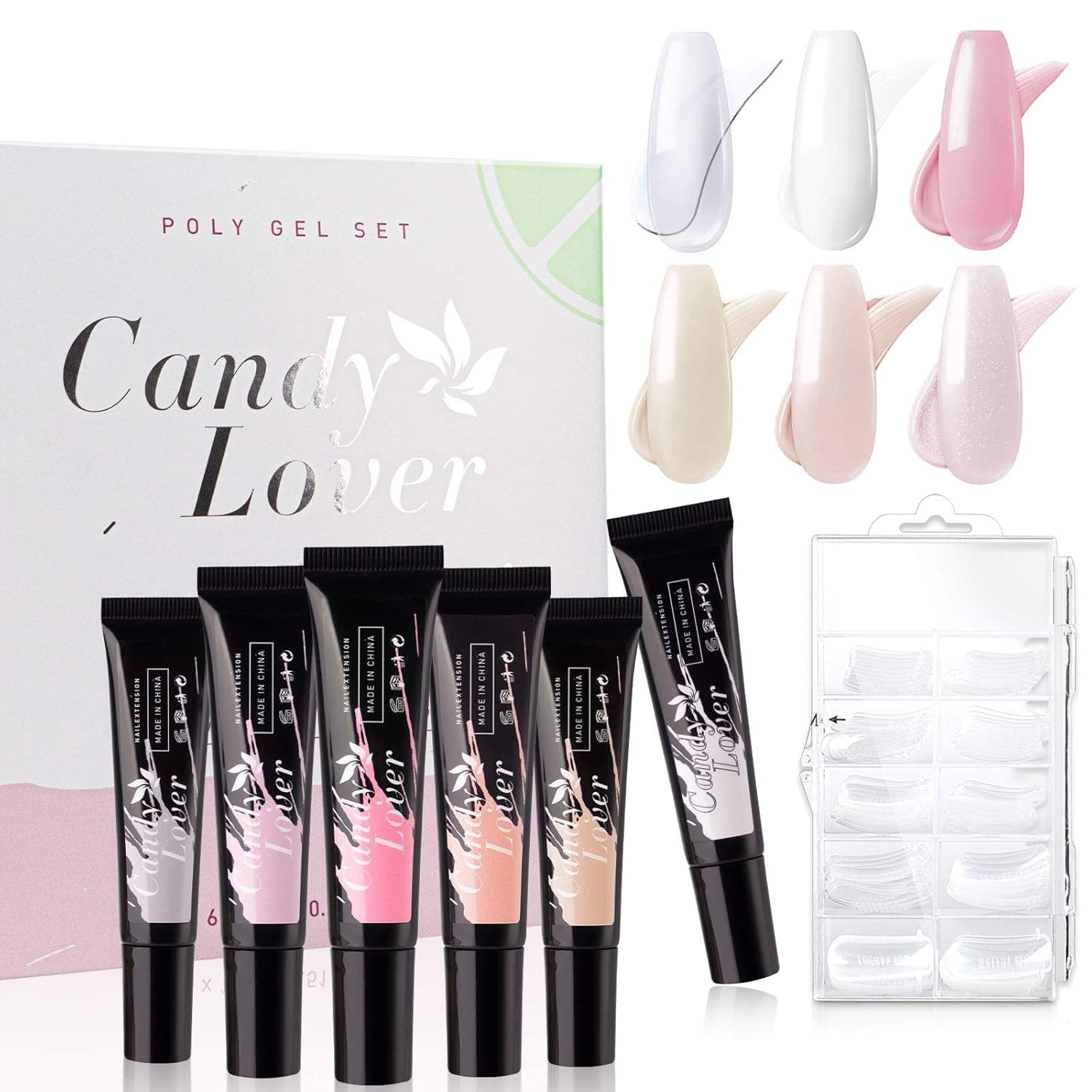 Candy Lover Poly Nail Extension Gel Kit - 6 Colors QikGel Acrylic Nail Enhancement Slip Solution Free Clear Pink White Shimmering Builder Trail, Professional Technician Manicure French Series SP-19