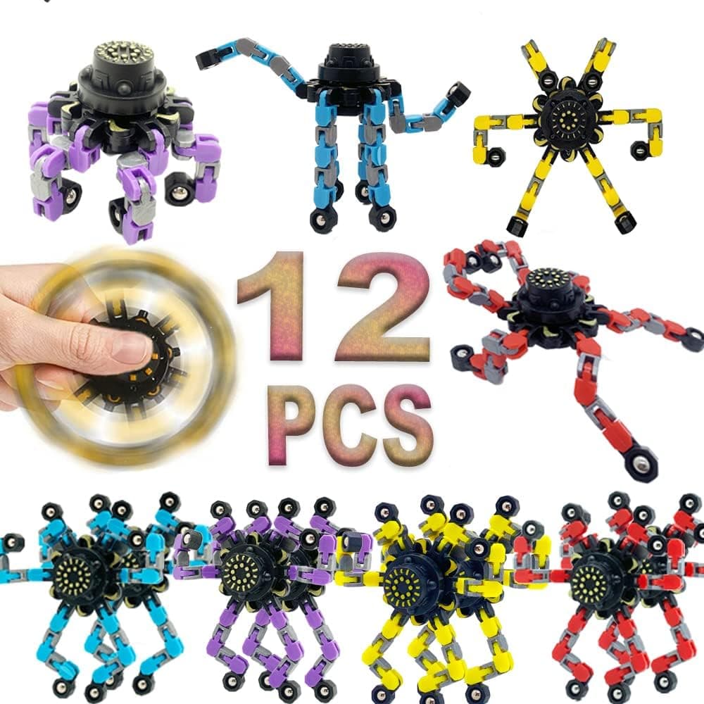 12PC Funny Sensory Fidget Toy Hand Fidget Spinner Toy Stress Relief Gyro Toy Metal Spinners Fingertip Gyro Toy Fidget Robot Chain Spinner Kids Adults