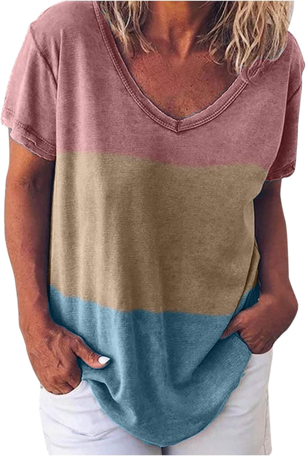 Vintage Tshirts for Womens Graphic Plus Size V Neck Short Sleeve Tops Loose Casual Color Block Basic Tee Shirts Pink