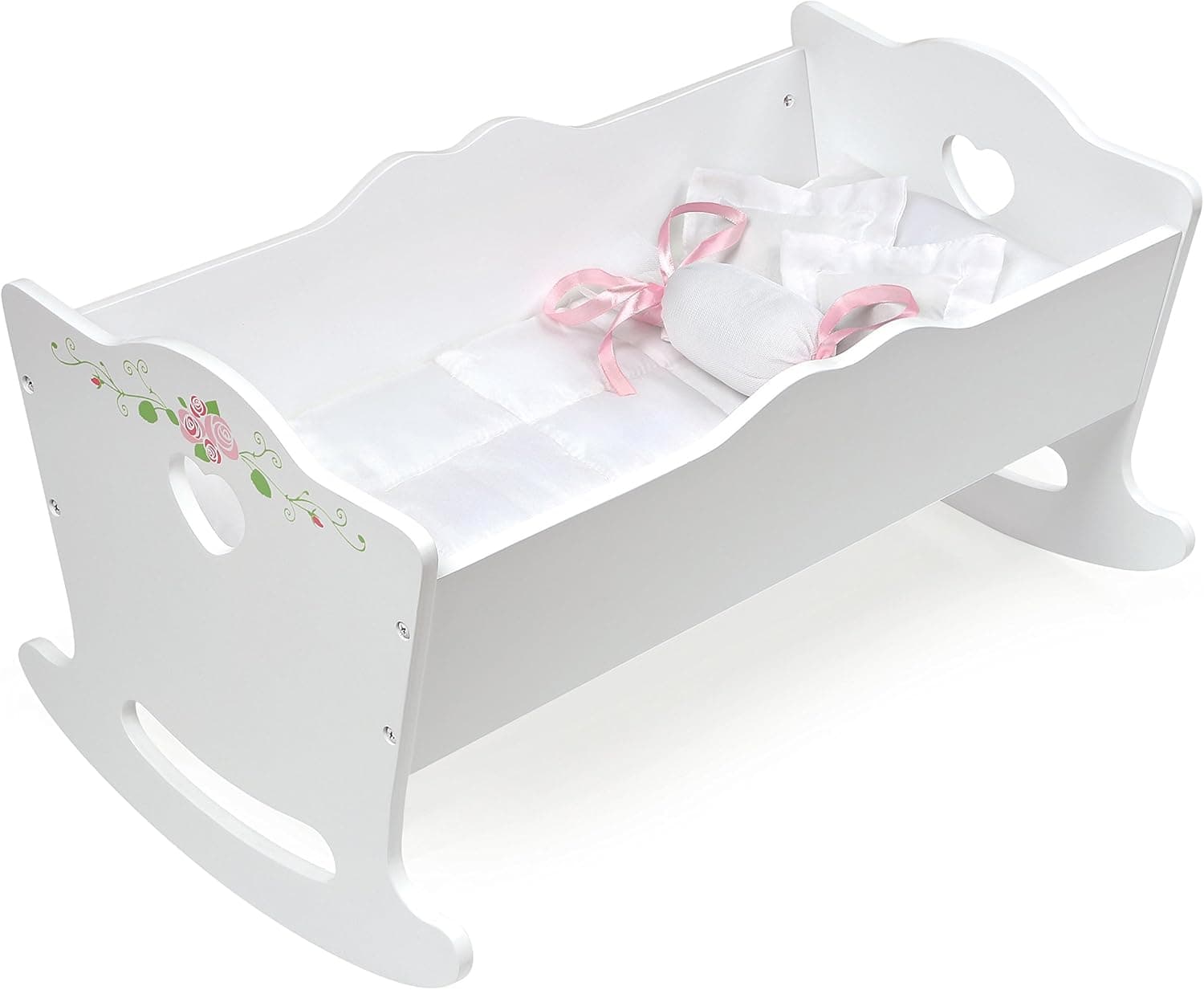 Badger Basket Toy Rocking Doll Bed with White Bedding and Personalization Kit for 20 inch Dolls - White Rose