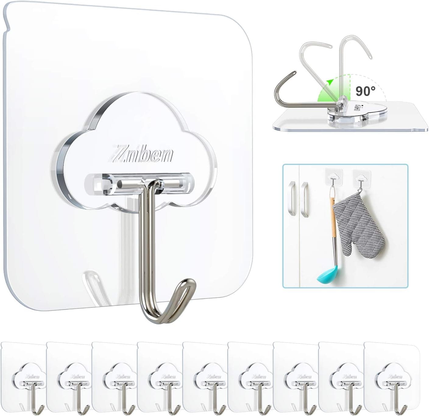 Znben Wall Hooks Adhesive Hooks Heavy Duty 13lb(Max), Sticky Hooks for Hanging Transparent Utility Hooks Wall Hooks for Kitchen Bathroom Office Shower Window 10 Pack