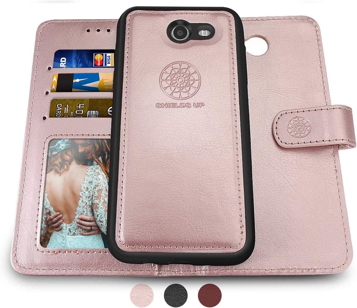 Galaxy J7 2017/ J7 V/ J7 Prime/ J7 Perx/ J7 Sky Pro/Halo Wallet Case (Not fit J7 2018), Shileds Up [Detachable] Slim Magnetic Case, Card/Cash Slots, [Vegan Leather] Cover for Samsung J7 2017 -RD