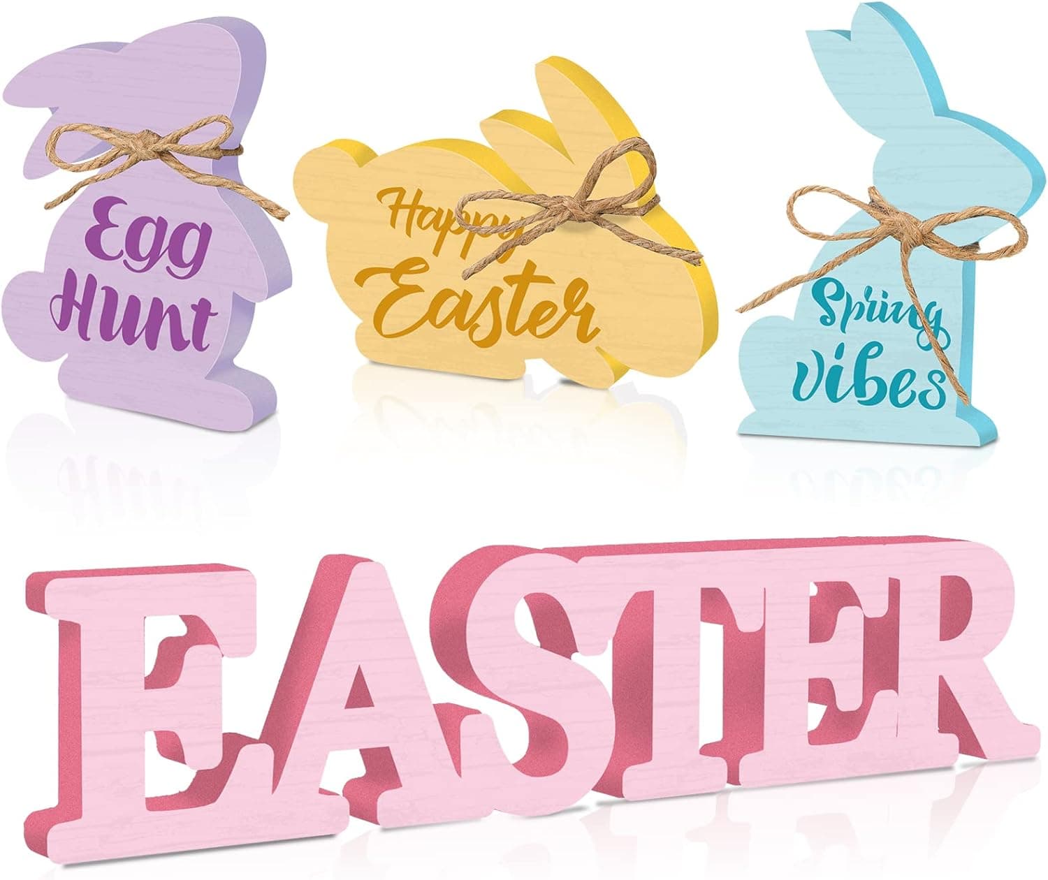 4 Pcs Easter Table Decorations Easter Bunny Signs Wooden Bunny Decor Easter Word Sign Rustic Farmhouse Rabbit Tiered Tray Decor Spring Sign for Home Party Decoration (Bunny Style)