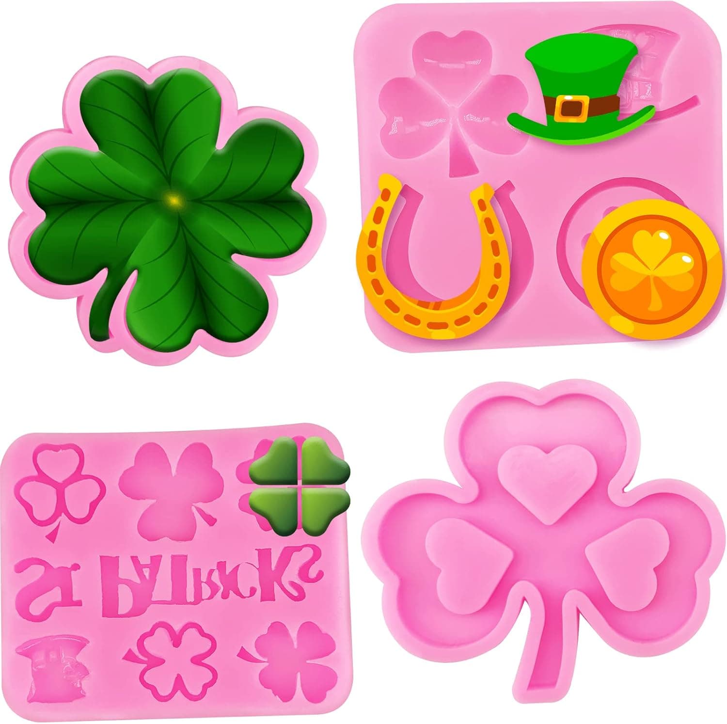 4Pcs St Patrick's Day Fondant Molds Silicone Candy Molds Set Shamrock Silicone Molds Four-Leaf Clover Silicone Chocolate Mold Irish Hat Molds for St.Patrick's Day Soap Cake Cupcake Topper Decorations