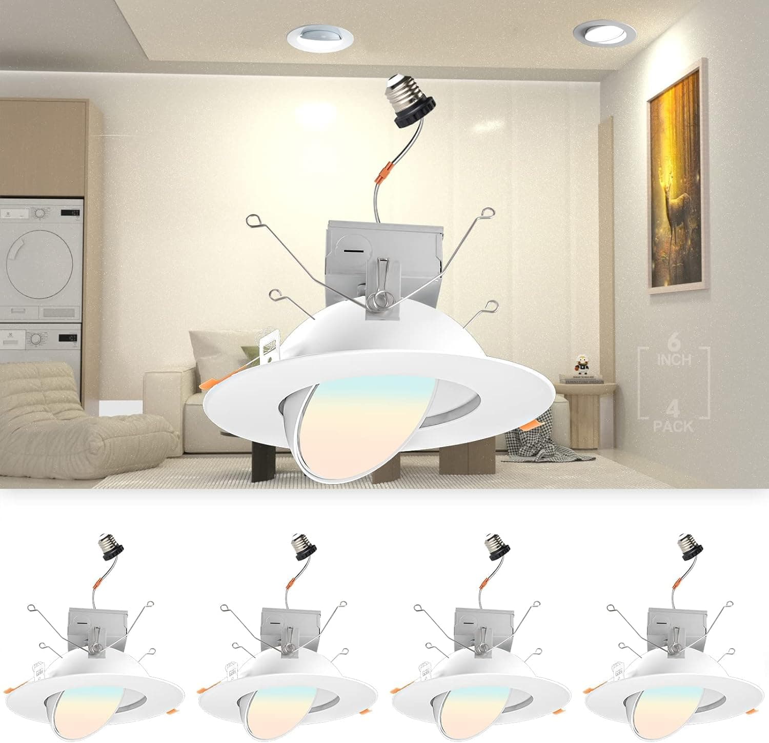 bulbeats 6 Inch Gimbal LED Recessed Light, Adjustable Angled LED Recessed Can Light 6inch IC Rated 3000K/4000K/5000K Dimmable Directional Ceiling Light for Picture Wall 12W=120W 1200LM 6 Pack 11 Two