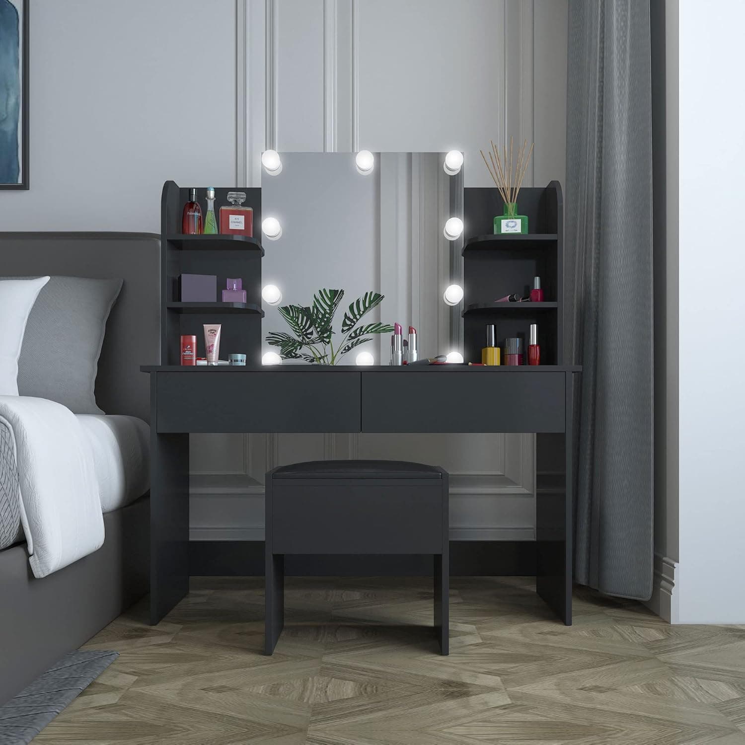 Vanity Table Set with Lighted Mirror, Large Vanity Set with 10 Lights Bulbs, LED Vanity Set with Light Bulbs Makeup Vanity Desk, Cushioned Stool and 2 Large Drawers, Dressing Table for Bedroom,Black