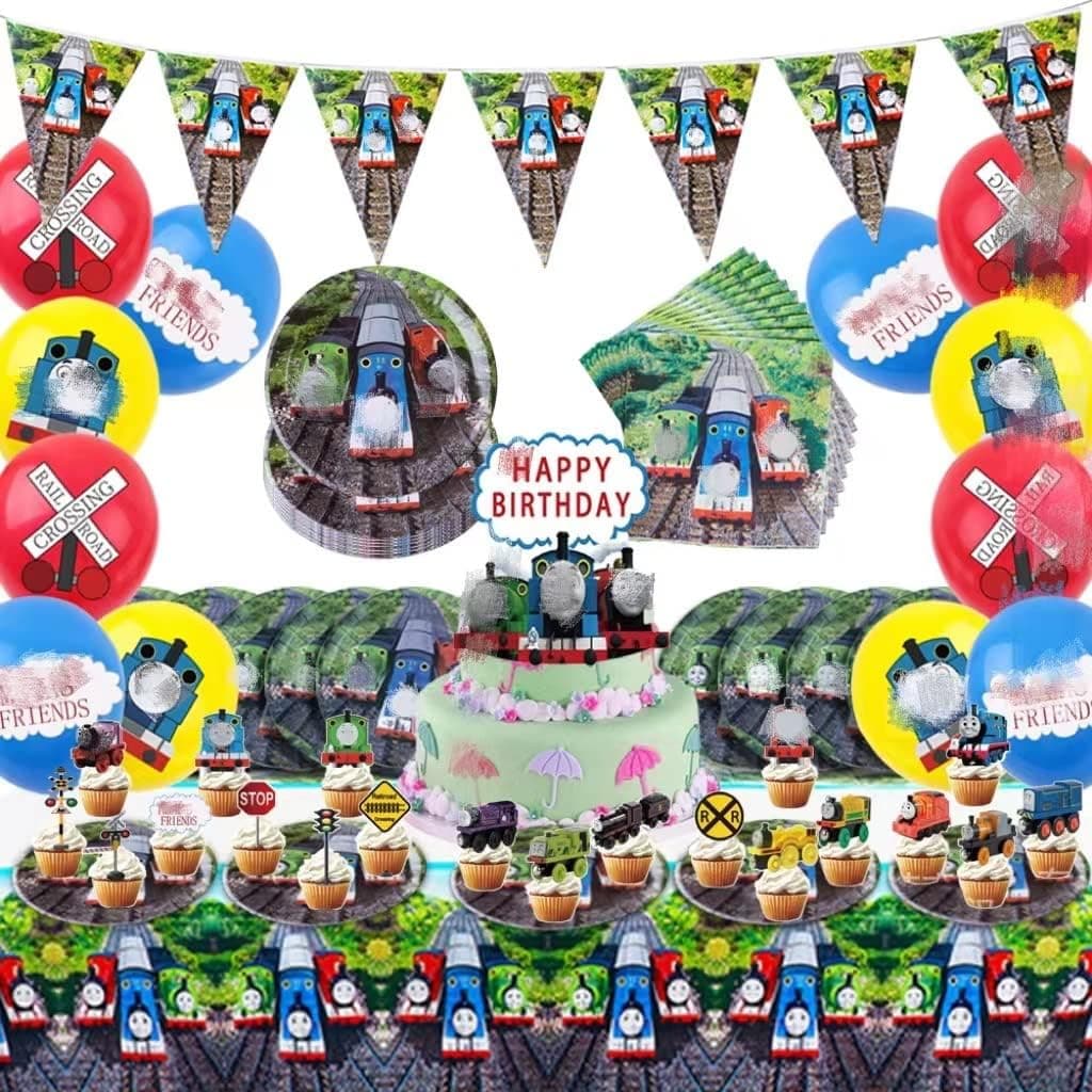 Tomas&Friends Birthday Party Supplies for 20 Guests - Plates, Napkins, Tablecover, Balloons, Gift Bags, Cupcake Toppers, Traingle Banner, Cake Topper Party Decorations for Kids Boys Girls