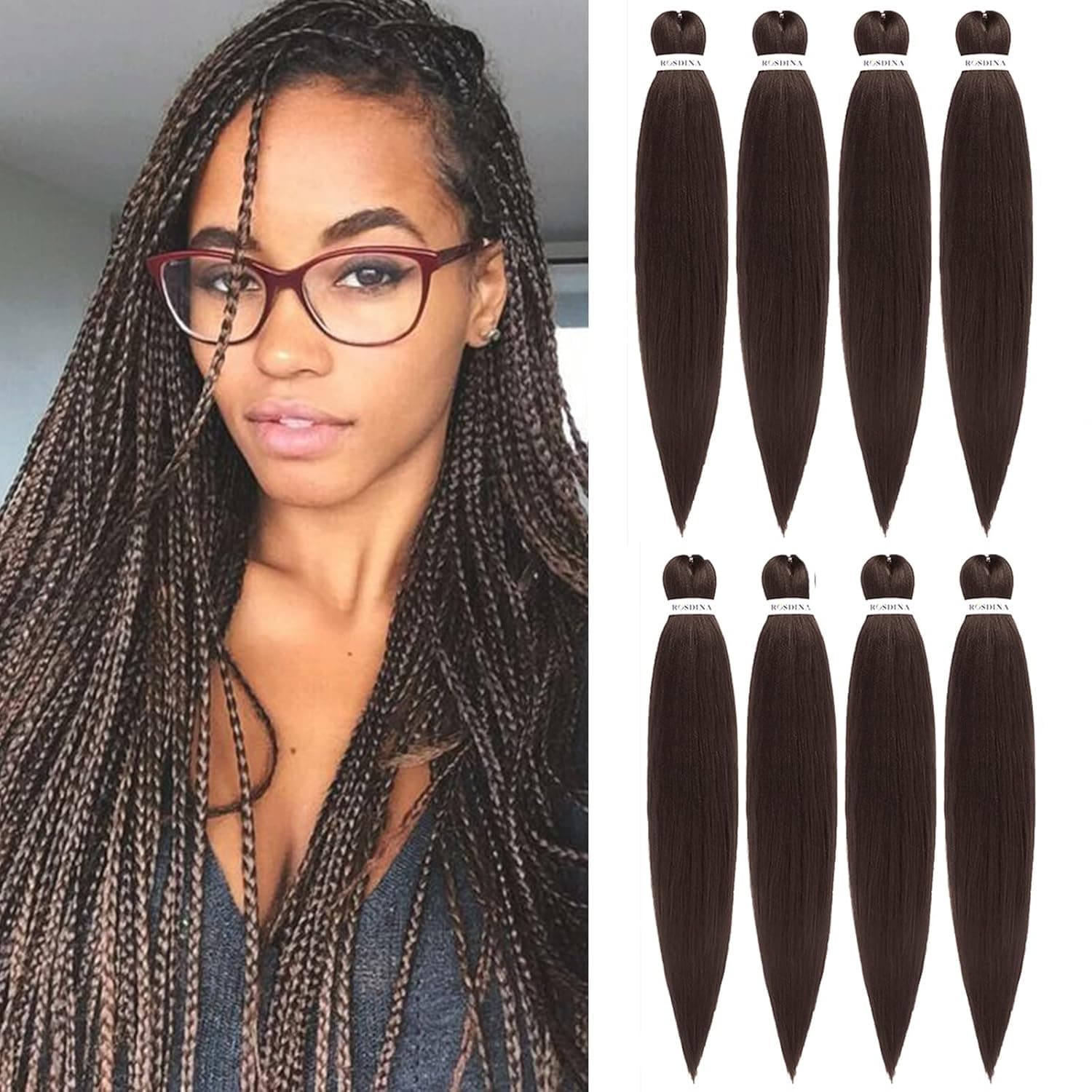 ROSDINA Pre-Stretched Braiding Hair - 28 Inch Natural Hair Extension Braiding Hair Pre-Stretched Professional Synthetic Fiber Crochet Hair Hot Water Setting for Braid Soft Yaki Texture (28”, 4#-8P)