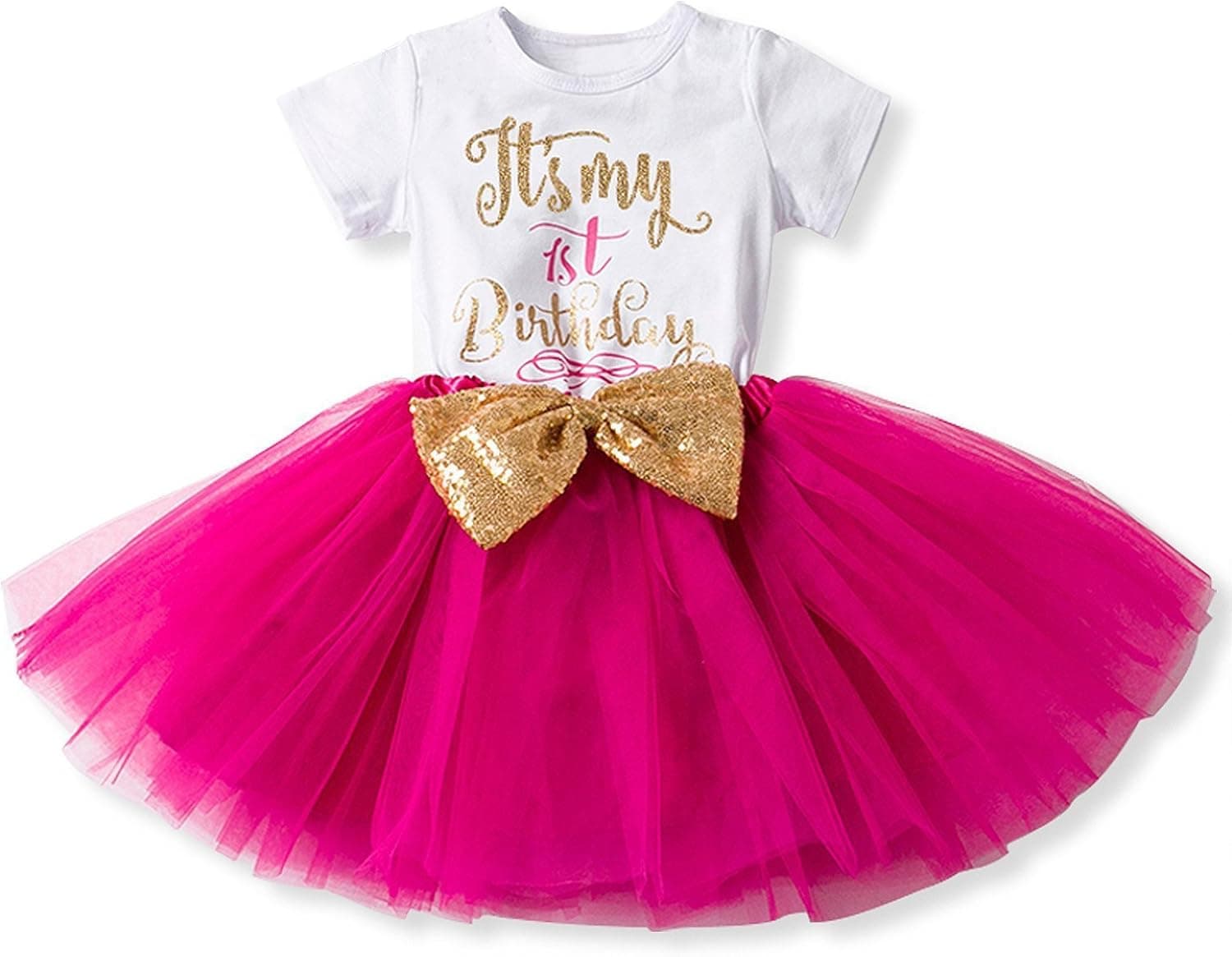 IBTOM CASTLE Baby Girls Newborn It's My 1st/2nd Birthday Cake Smash Shinny Printed Sequin Bow Tutu Princess Dress