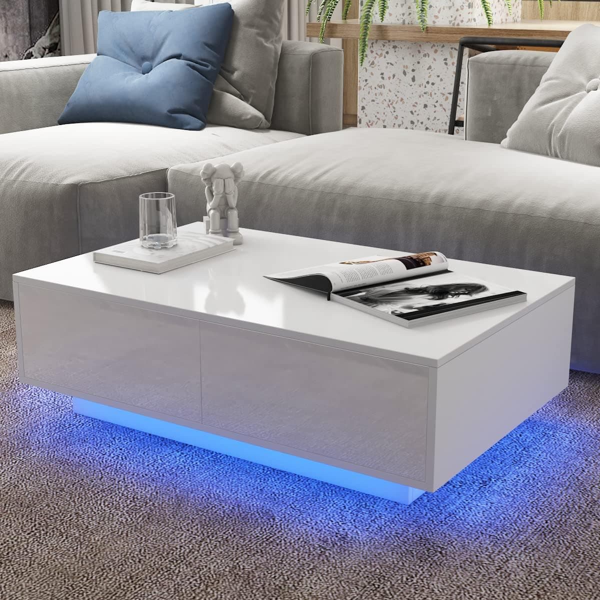 WOODYHOME LED Coffee Tables for Living Room White with Storage High Gloss Table with 16 Colors LED Lights and 4 Drawer Center Table Modern Home Furniture