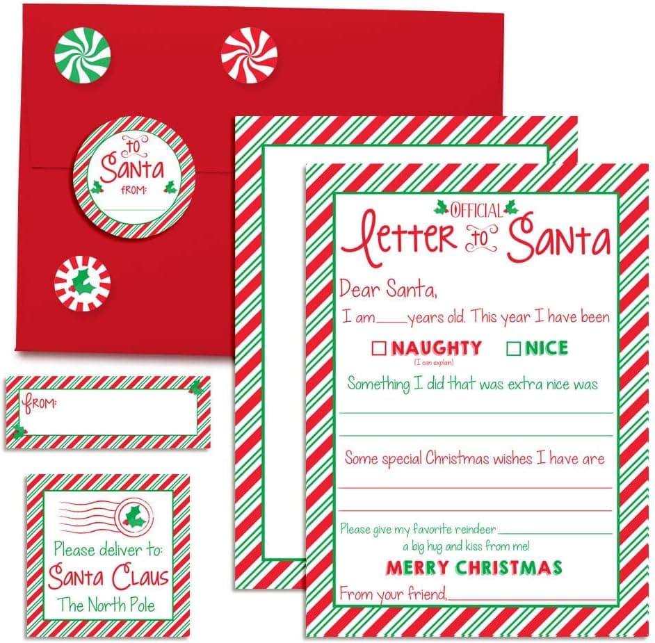 Official Letter to Santa Kit, 4 5"x7" - Keep Precious Fleeting Moments Alive - Premium Christmas Keepsakes Last Generations - Fill in Cards, Holiday Envelopes, Stickers, Seals, Return Address Labels