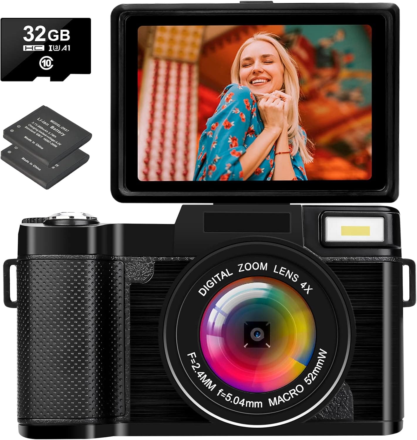 Digital Camera, 2.7K HD Compact Camera 16X Digital Zoom Portable Camera with 32GB SD Card and 2 Batteries (Black)