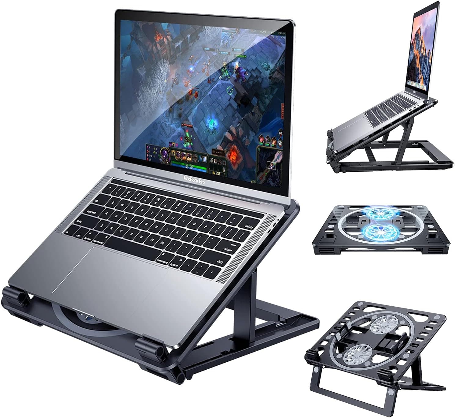 CWNOTBHY Laptop Stand for Desk, Adjustable Computer Stand with Cooling Fan, Compatible with MacBook Air Pro, More 10-18 Inches Tablet or Laptops (Black)
