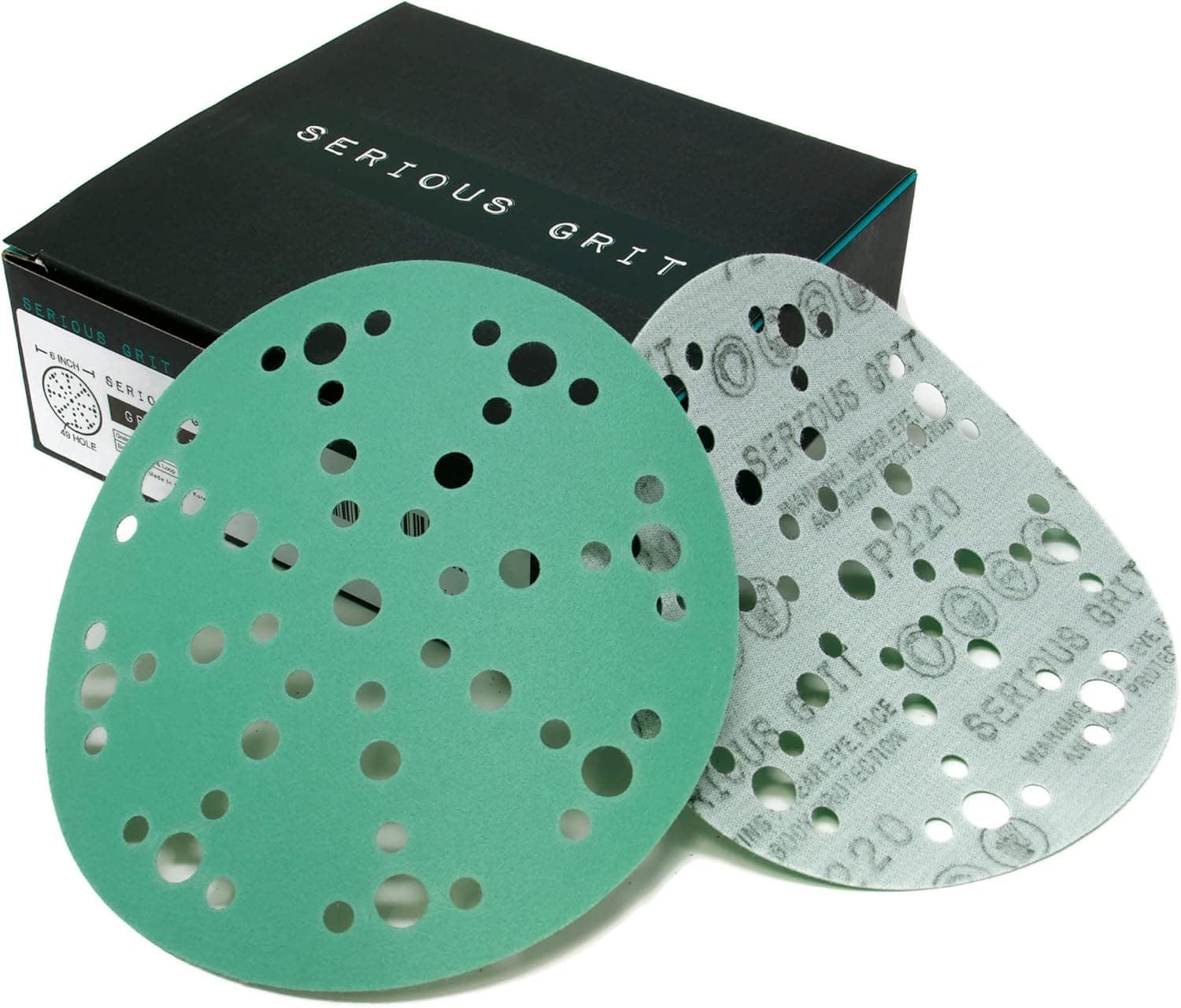 Serious Grit - 6-Inch 49-Hole 220 Grit Sanding Discs - Heavy-Duty Hook & Loop Velcro-Backed Film Discs - Sandpaper for Random Orbital Sanders - 50 Pack Box