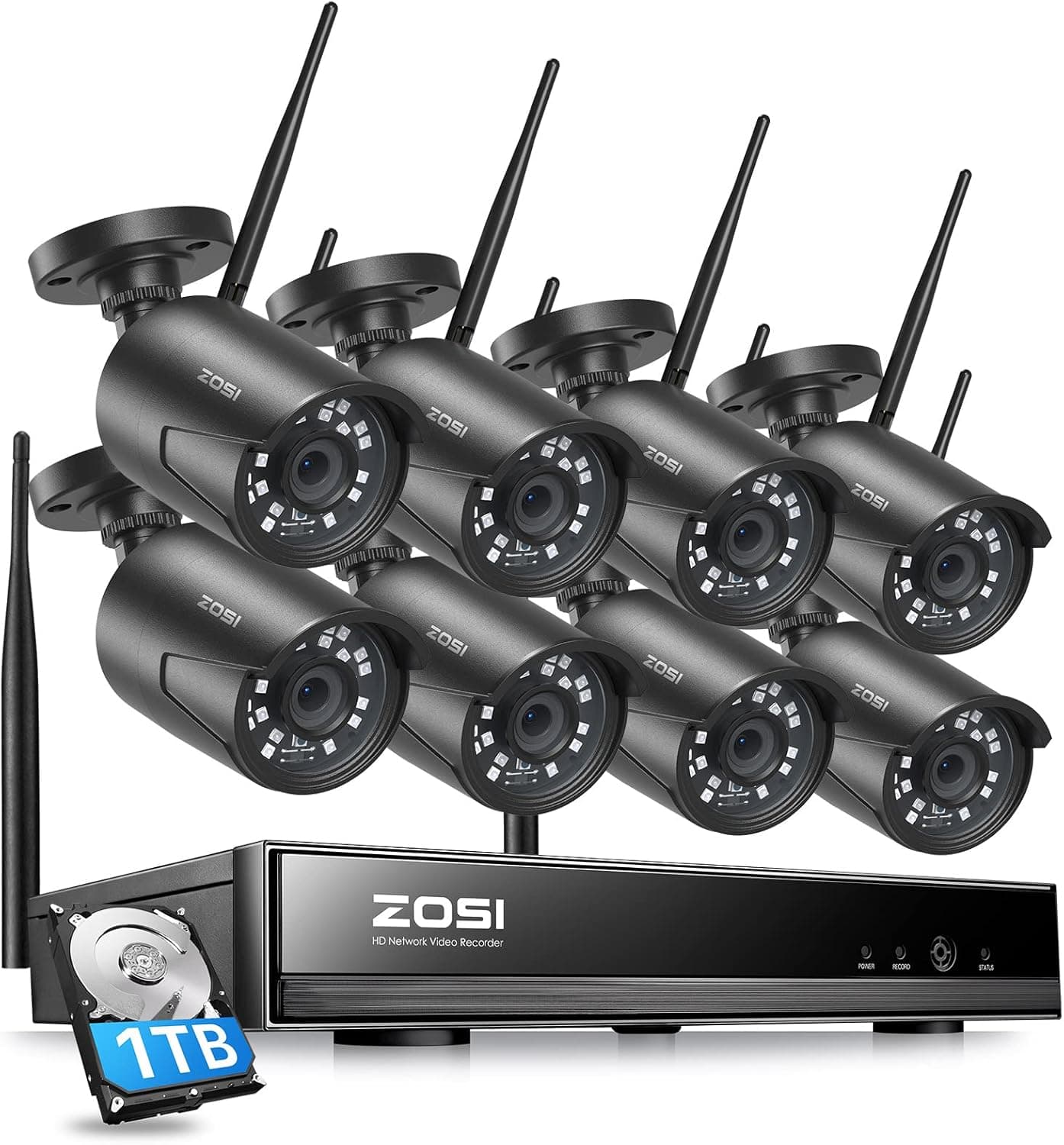 ZOSI 2K 3MP Wireless Security Camera System, H.265+ 8 Channel CCTV NVR with 1TB Hard Drive for 24/7 Recording and 8 x 3MP WiFi IP Camera Outdoor Indoor, Night Vision, Motion Alert, Remote Control