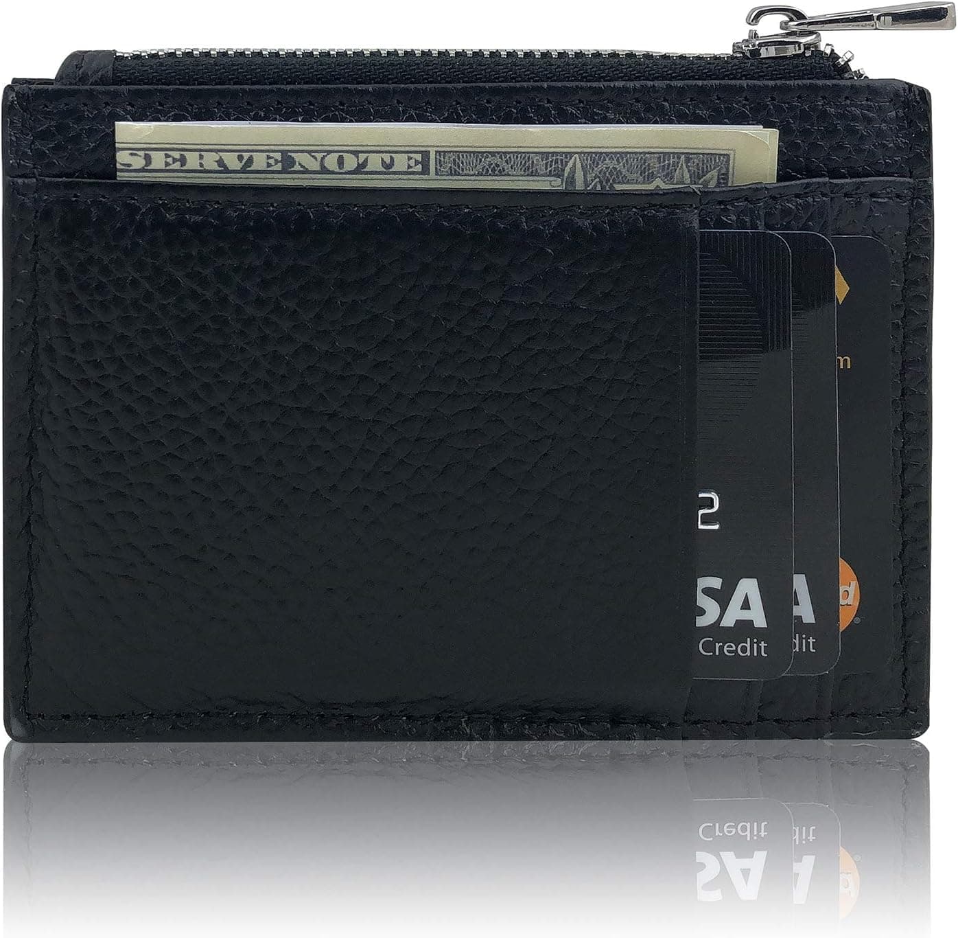 Prime Slim Rfid Blocking Genuine Leather Zipper Wallet Black - Front Pocket Credit Multi Card Holder Man & Woman Mini Minimalist