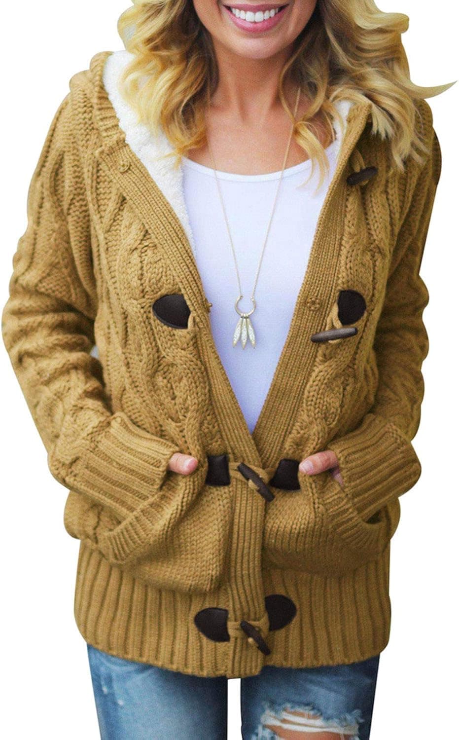 Dokotoo Womens 2023 Winter Hooded Cardigans Button Up Cable Knit Sweater Coat Outerwear with Pockets