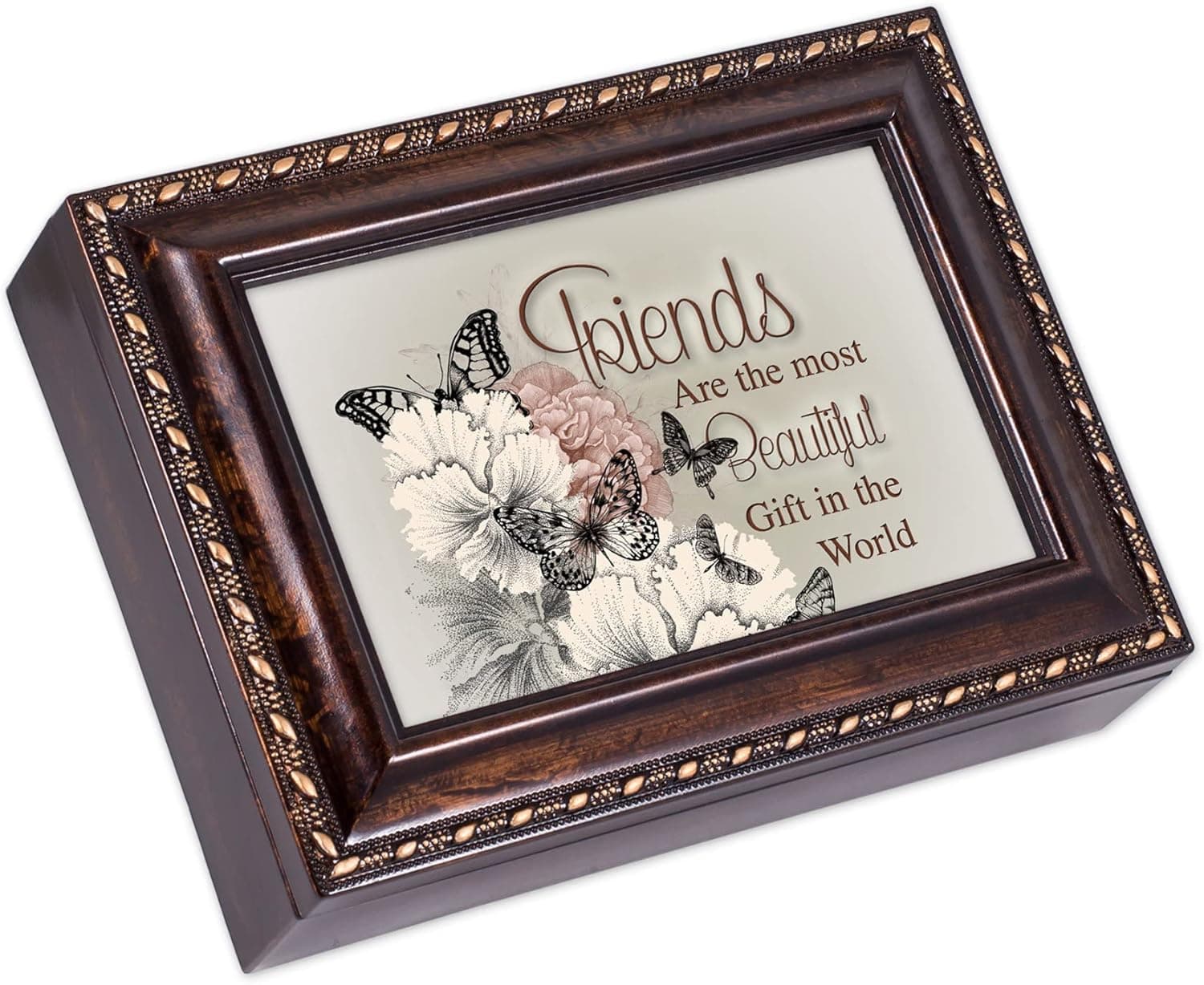Cottage Garden Friends Beautiful Gift Burlwood Rope Trim Jewelry Music Box Plays Amazing Grace